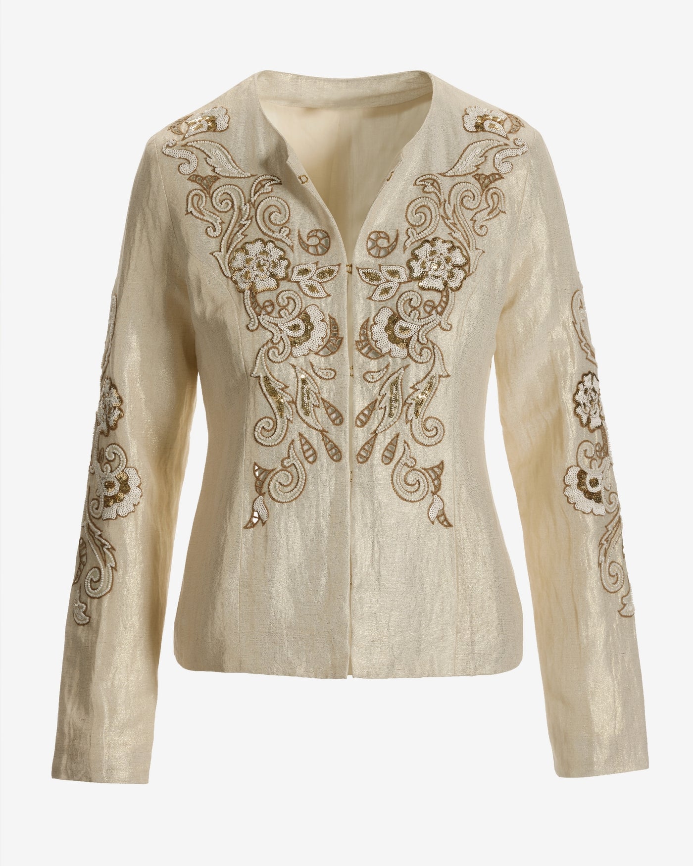 Embroidered and Beaded Shimmer Linen Jacket Tan