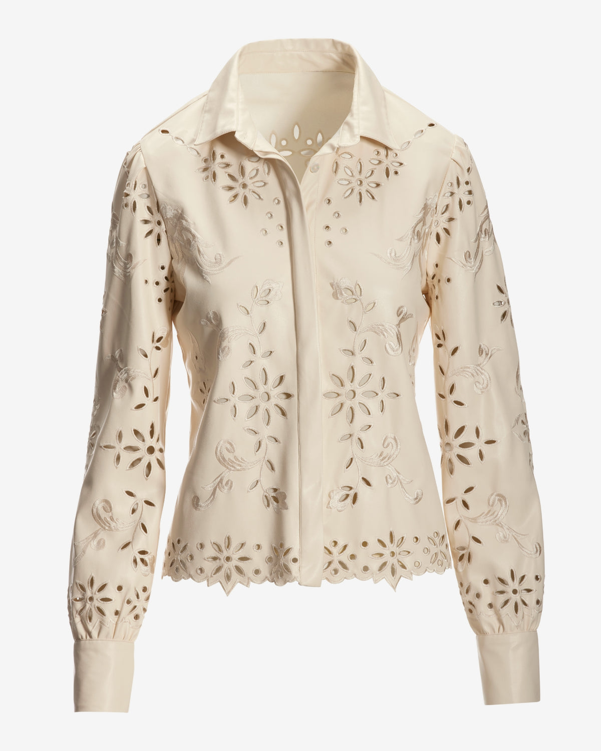 Faux Leather Laser Cut Button Up Shirt Ecru