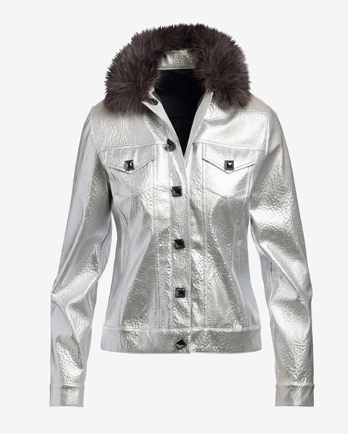 Hammered Metallic Faux Leather Fur Collar Jacket Silver Metallic