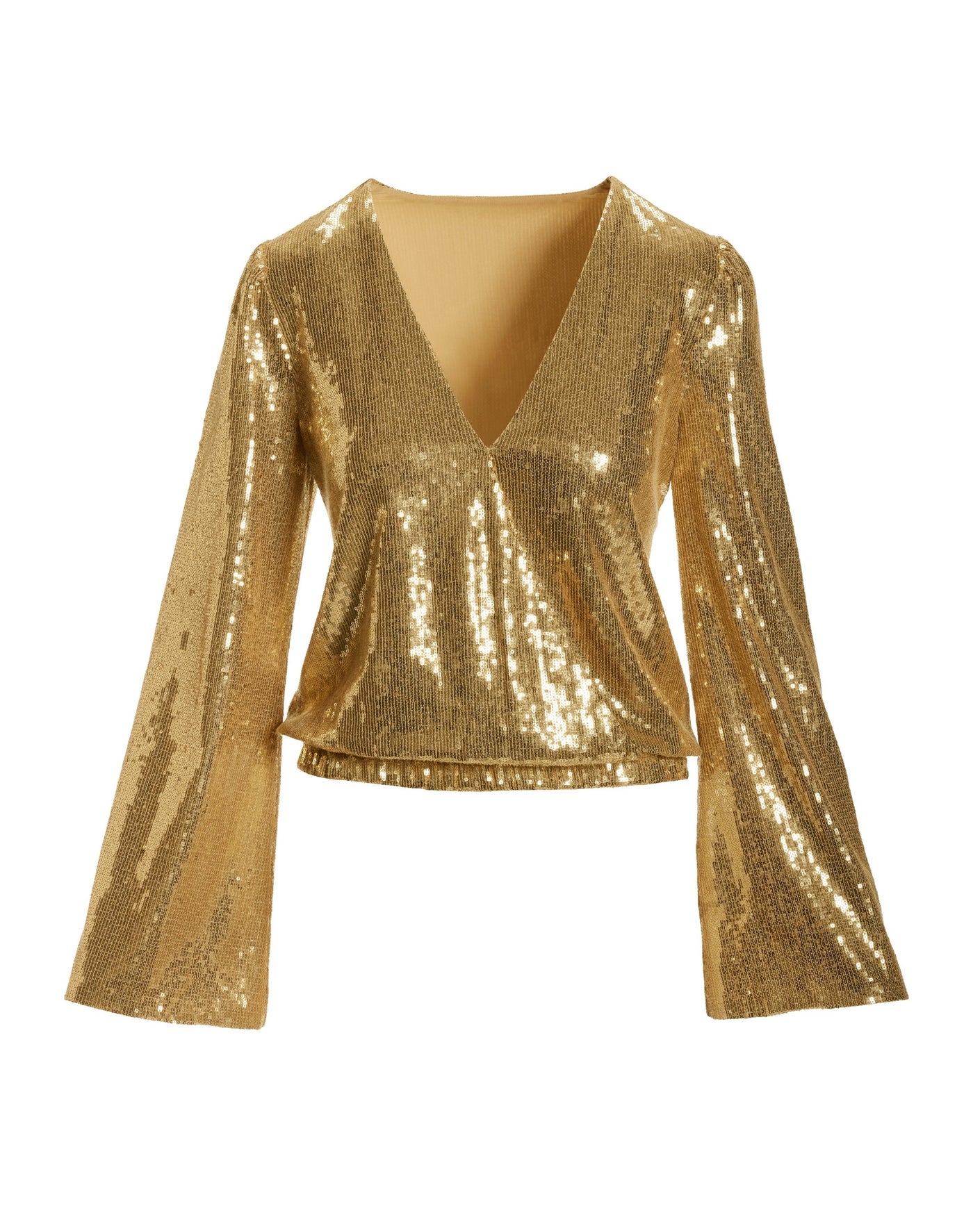 Sequin Flare Sleeve Surplice Blouse Gold