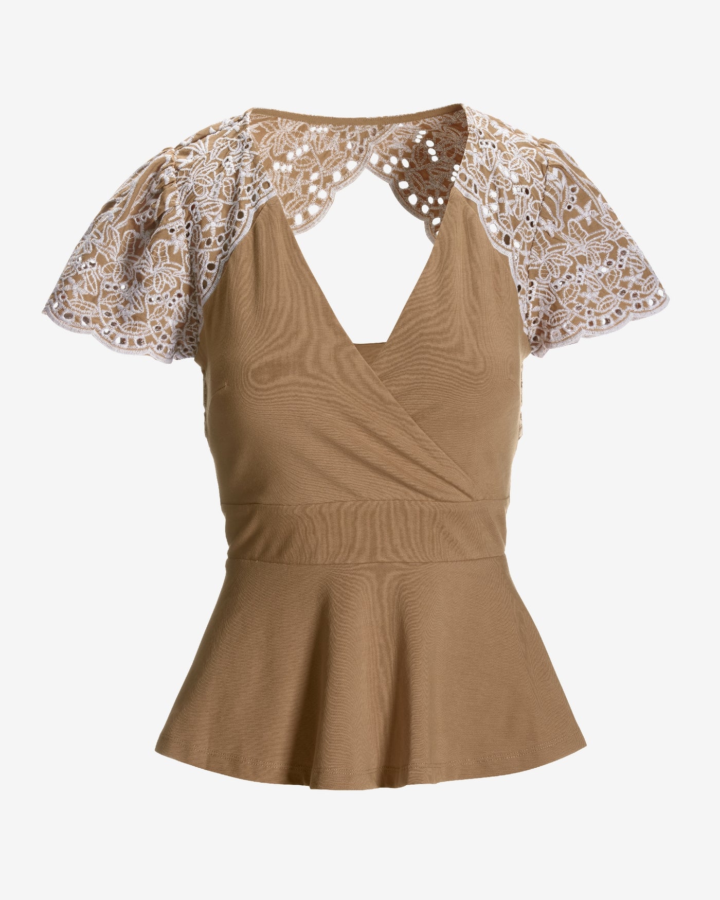 Peplum Eyelet Short Sleeve Knit Top Suntan