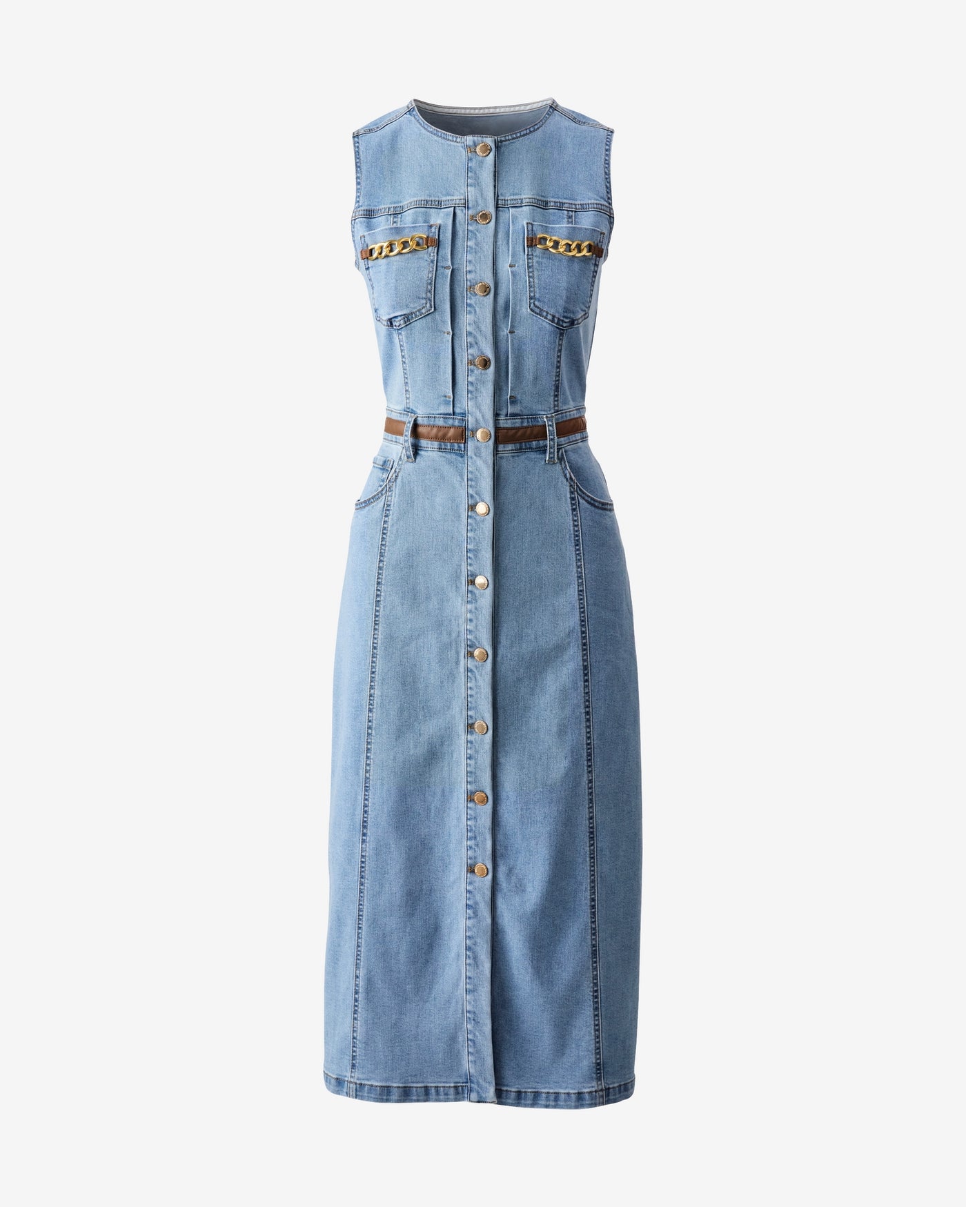 Denim Leather Trimmed Midi Medium Wash