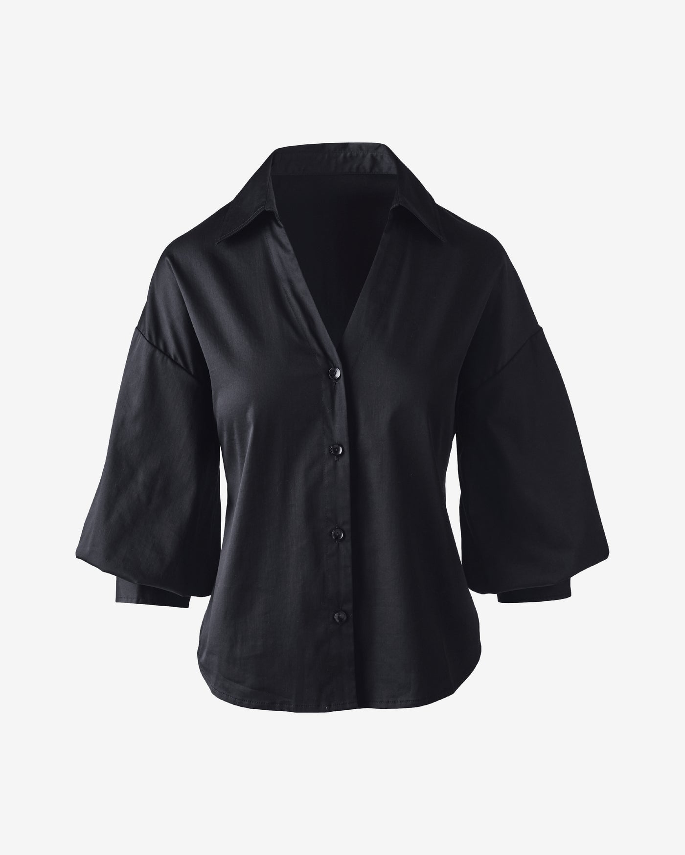 Poplin Puff Sleeve Button Up Shirt Black