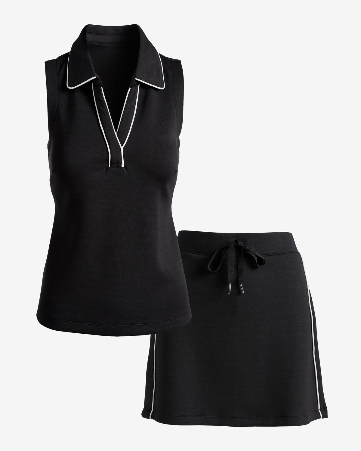 Luxe Lounge Piped Collared Top and Skort Set Proper Black
