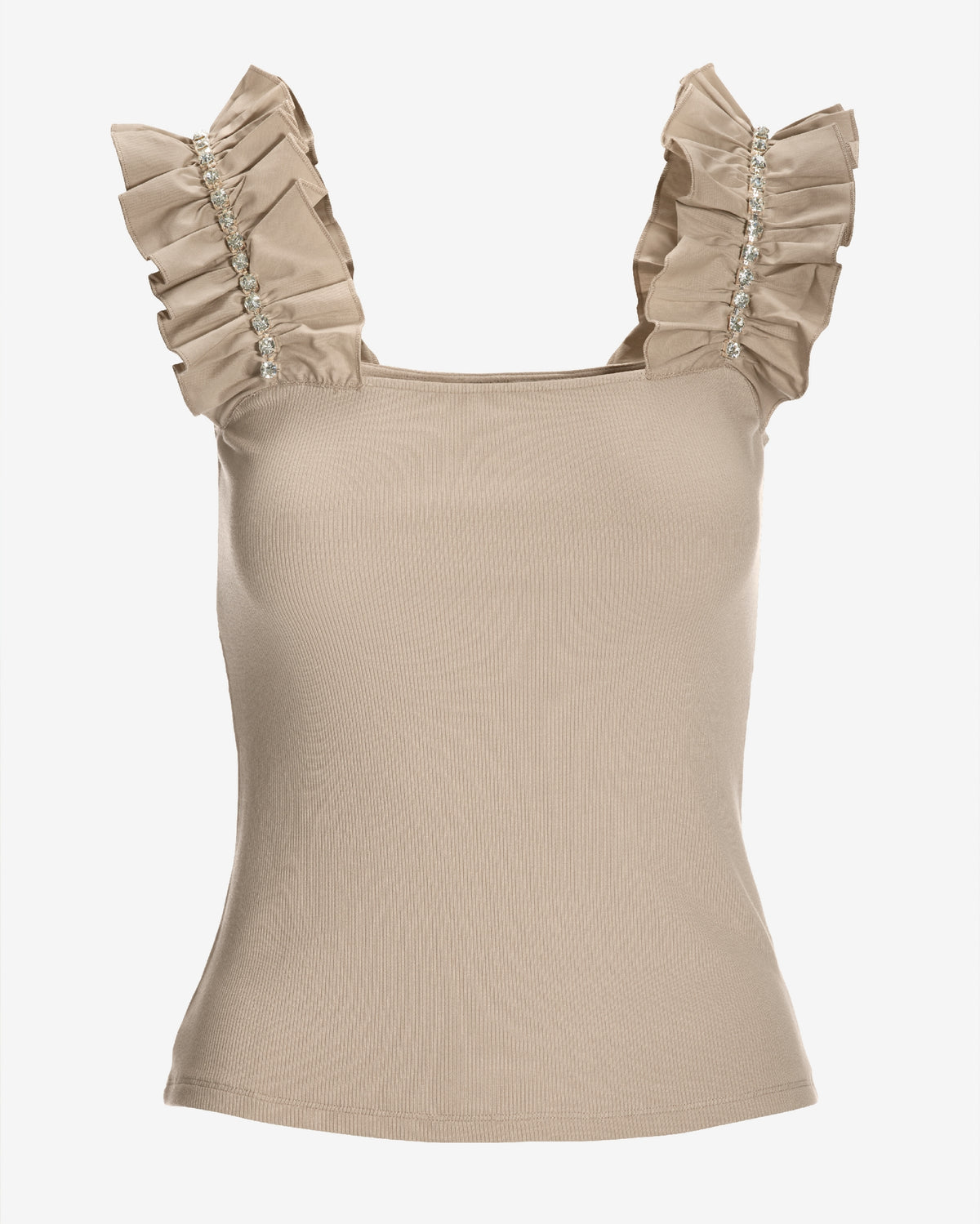 Rhinestone Ruffle Sleeve Tank Top Sand