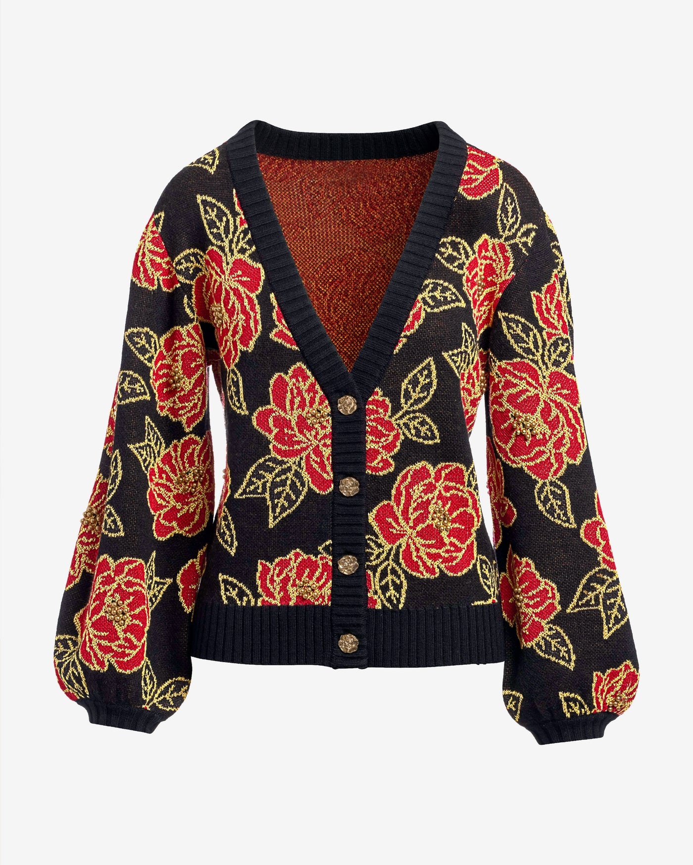 Floral Printed Button Up Cardigan Intarsia Rose