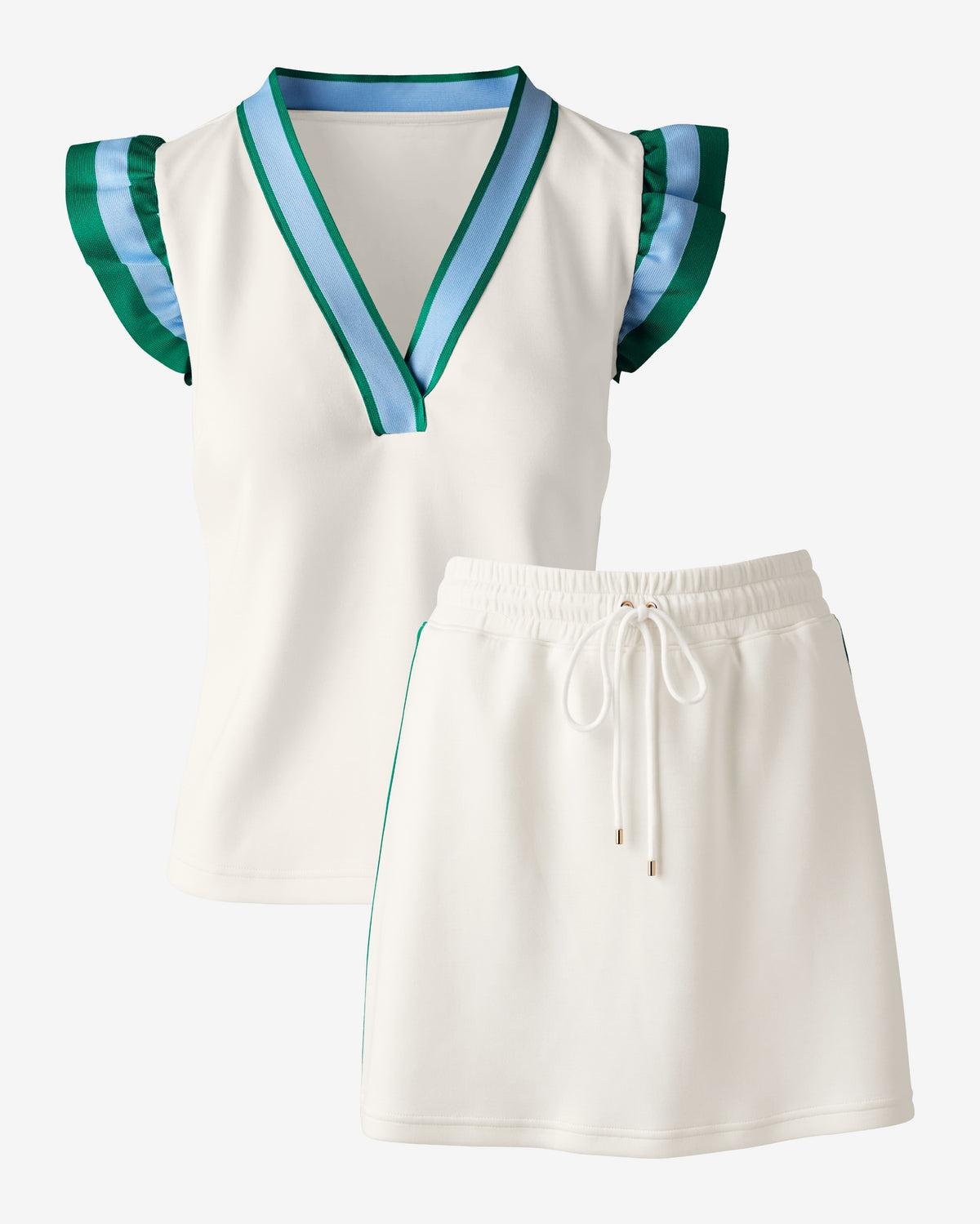 Luxe Lounge Ruffle Sleeve Top and Piped Skort Set White
