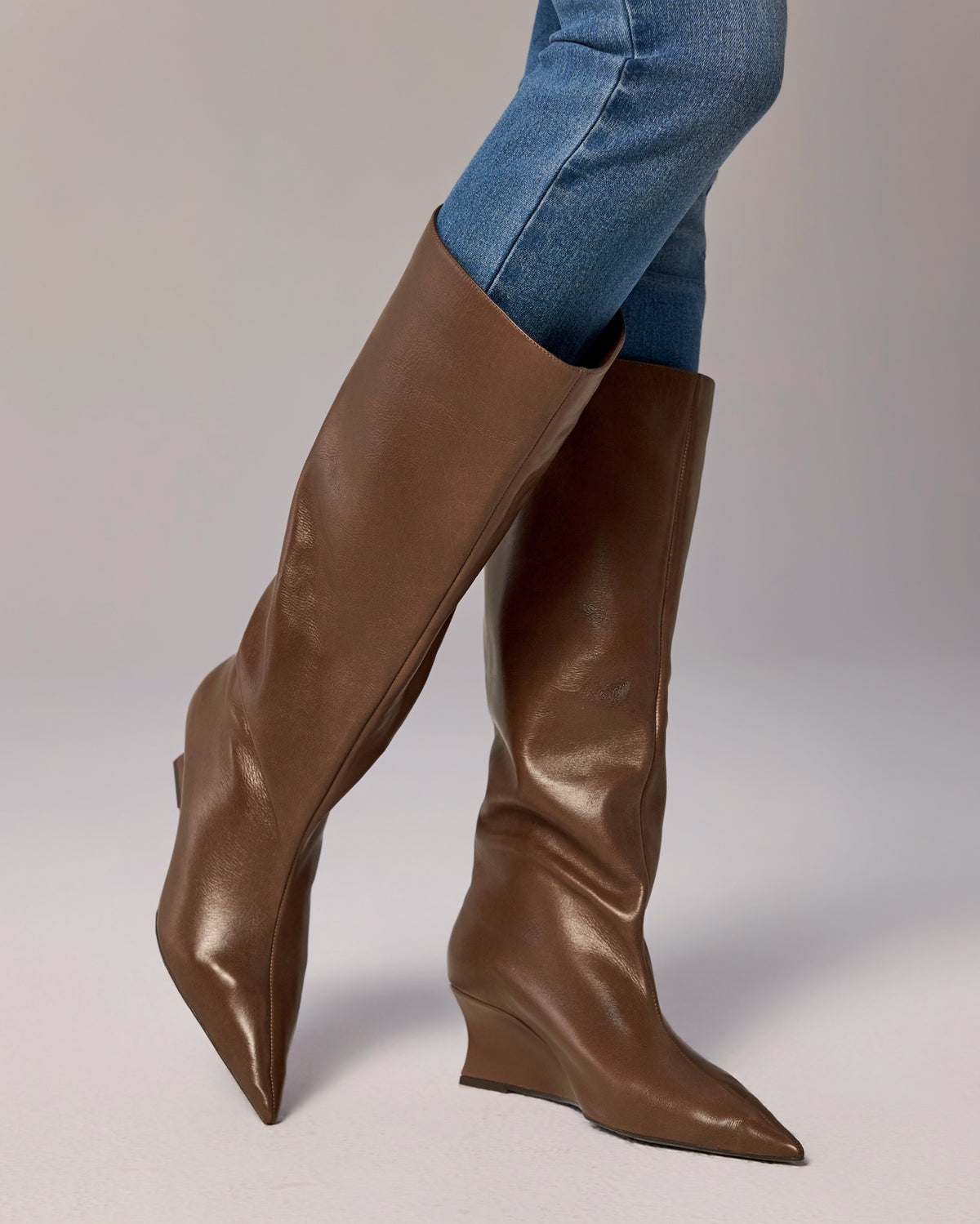Wedge Heel To The Knee Boot Brown