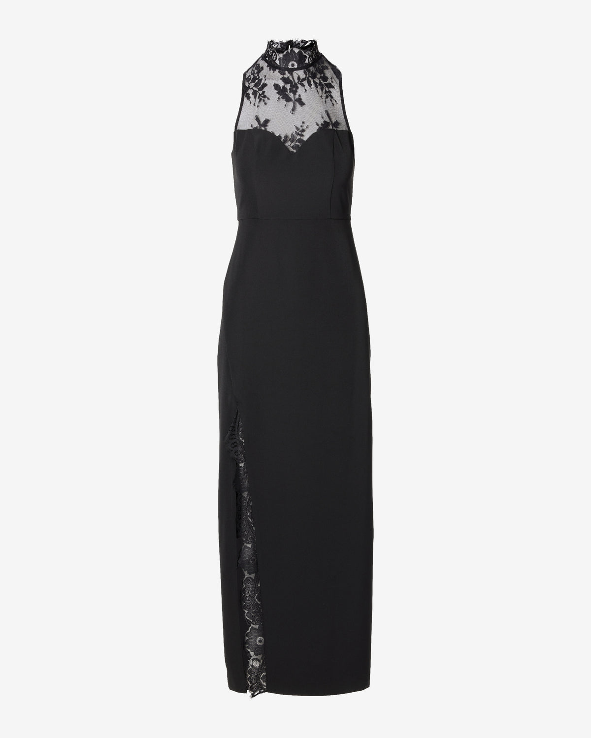 Delicate Lace Mock Neck Slit Maxi Dress Black