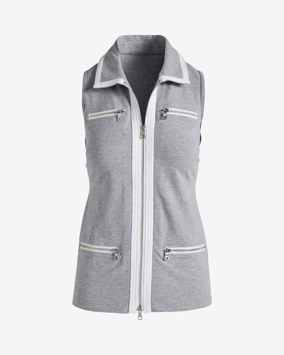 Chic Zip Sleeveless Collared Top Heather Gray/White
