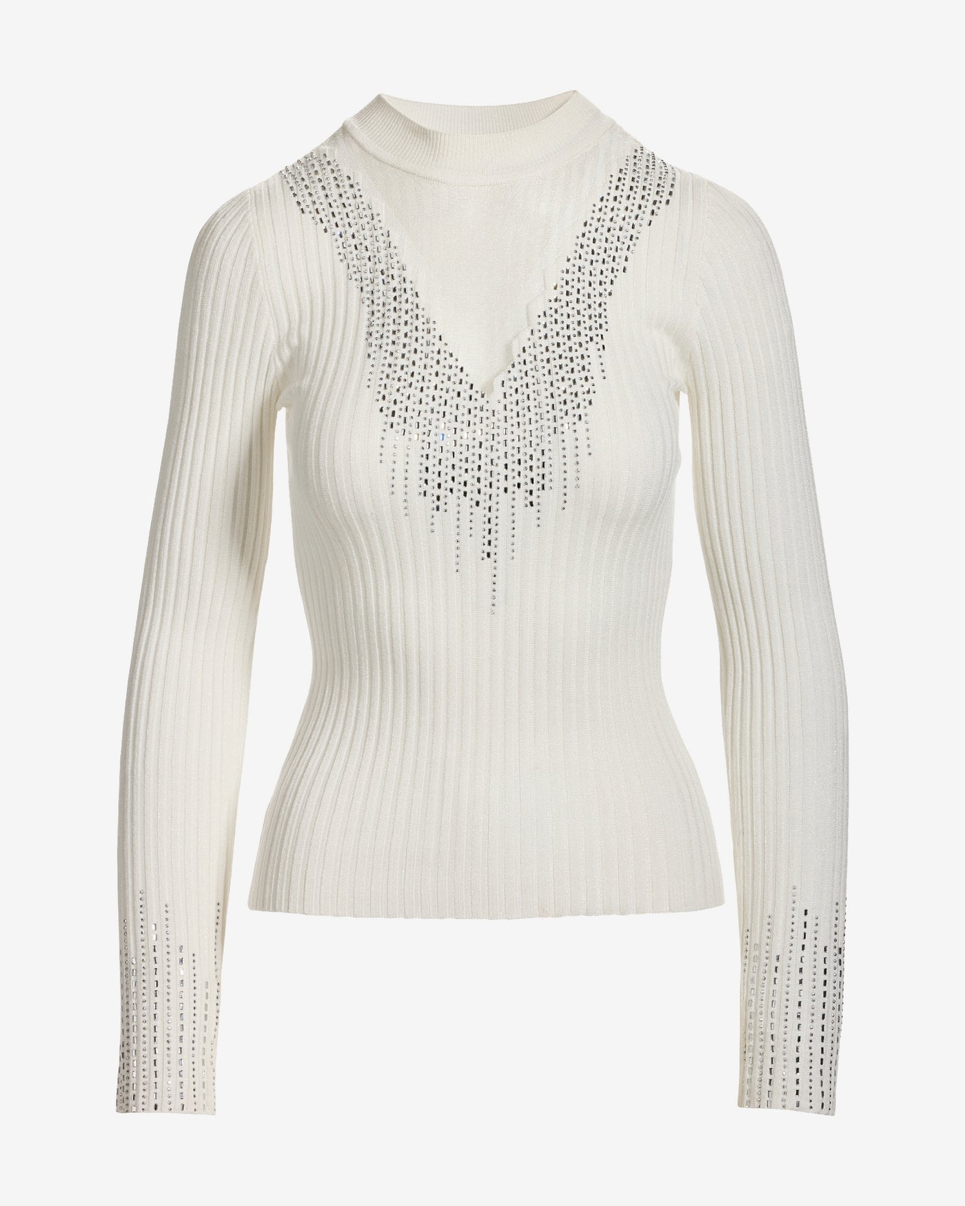 Rhinestone Embellished Mesh Illusion Sweater Off White