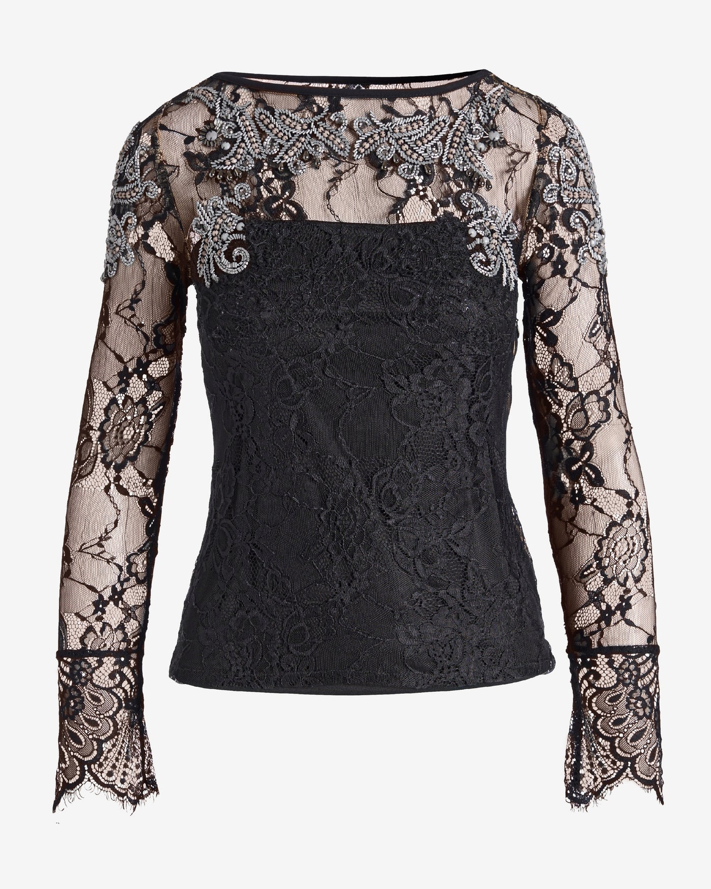 Embellished Lace Boat Neck Knit Top Black/White