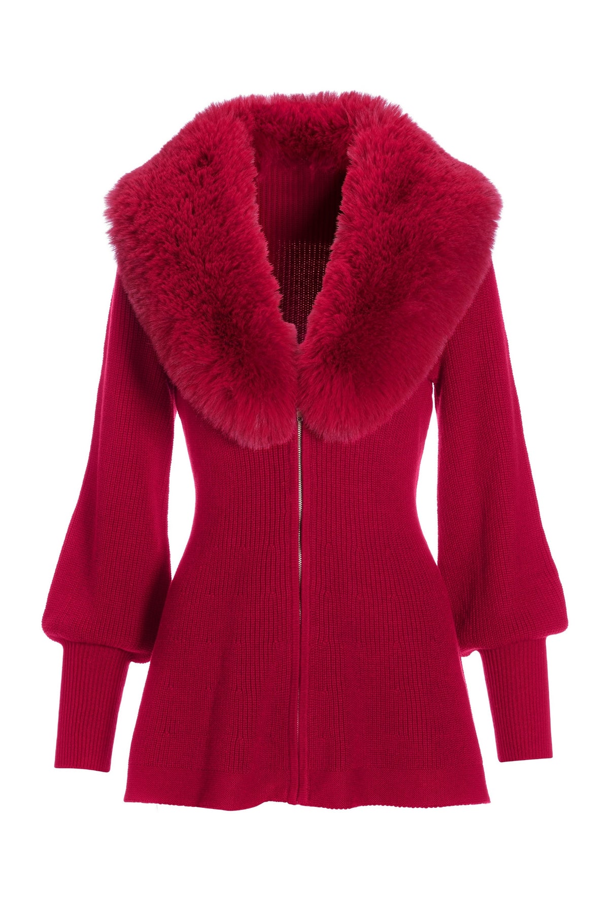 Faux Fur Balloon Sleeve A Line Zip Up Cardigan Jester Red