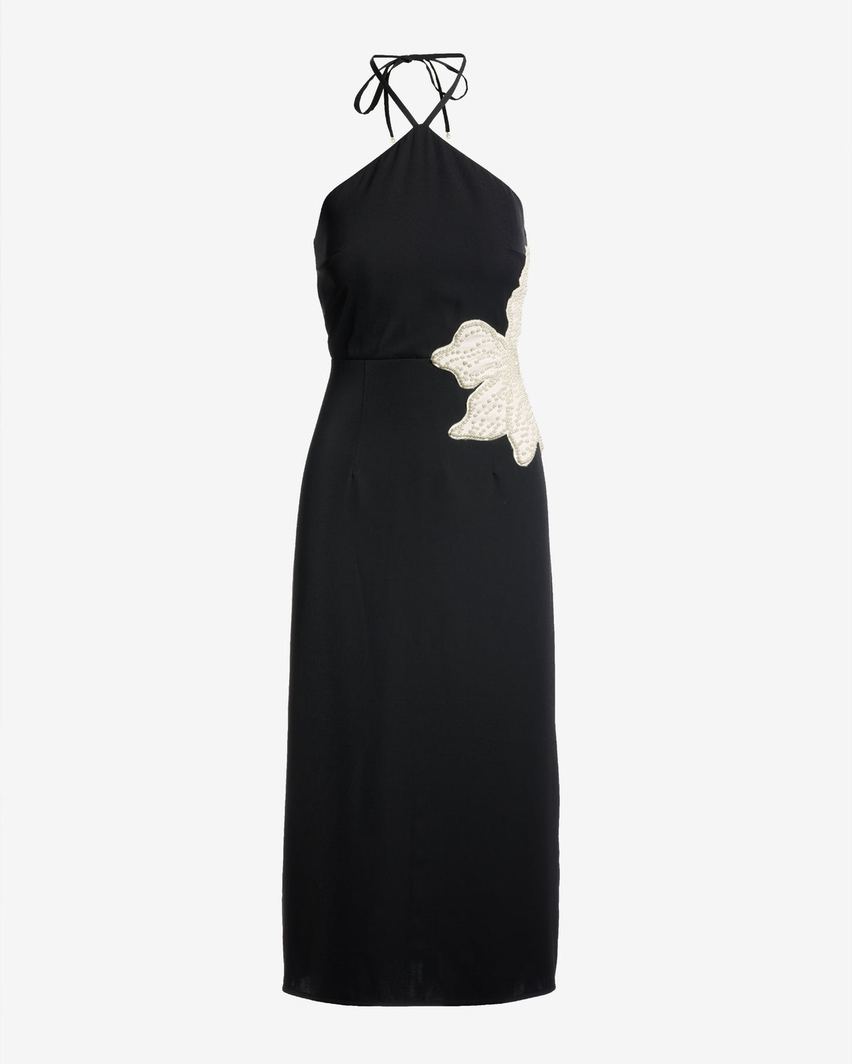 Pearl Embellished Flower Halter Column Dress Black
