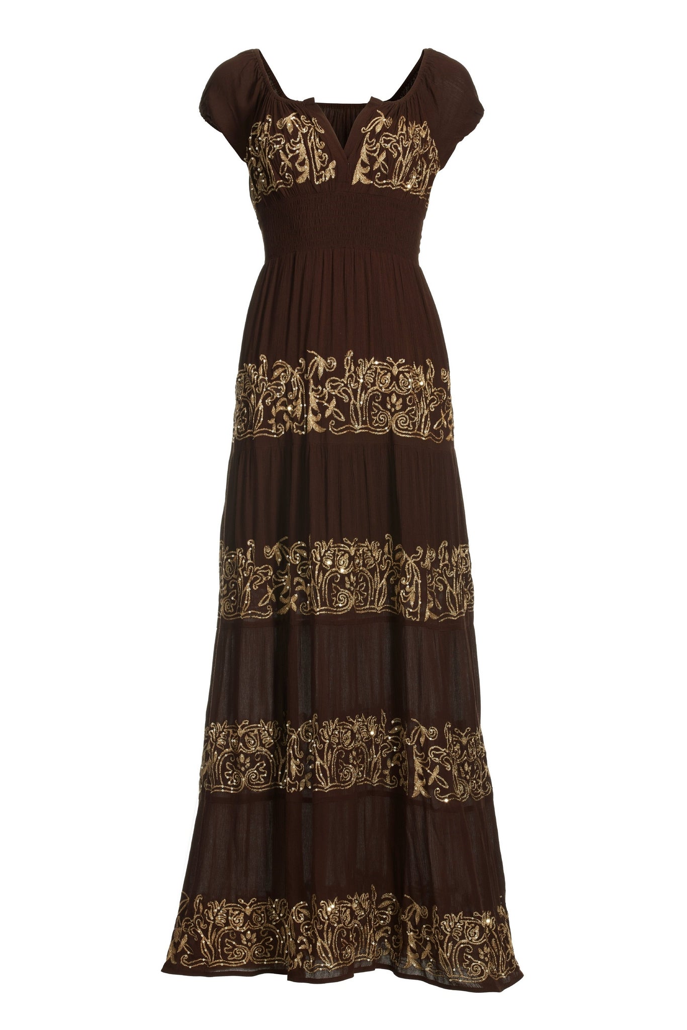 Metallic Detail Tiered Peasant Maxi Dress Coffee Bean