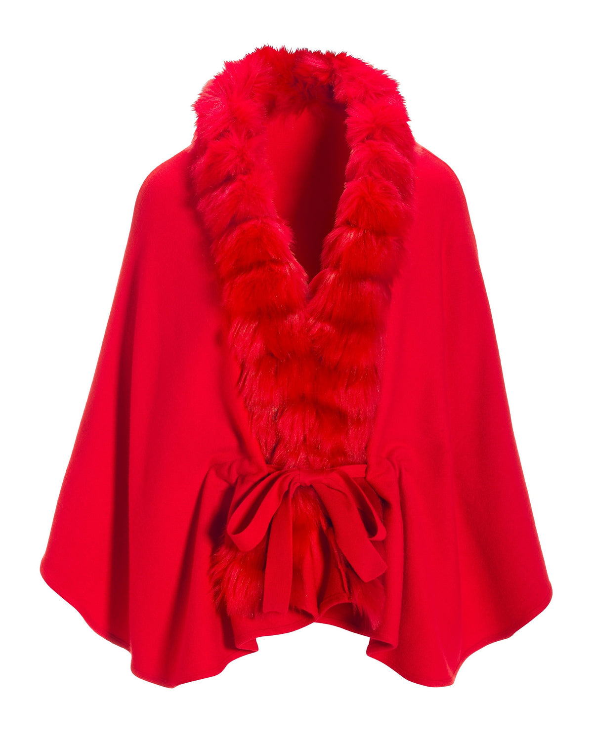Faux Fur Tie Waist Poncho Racing Red