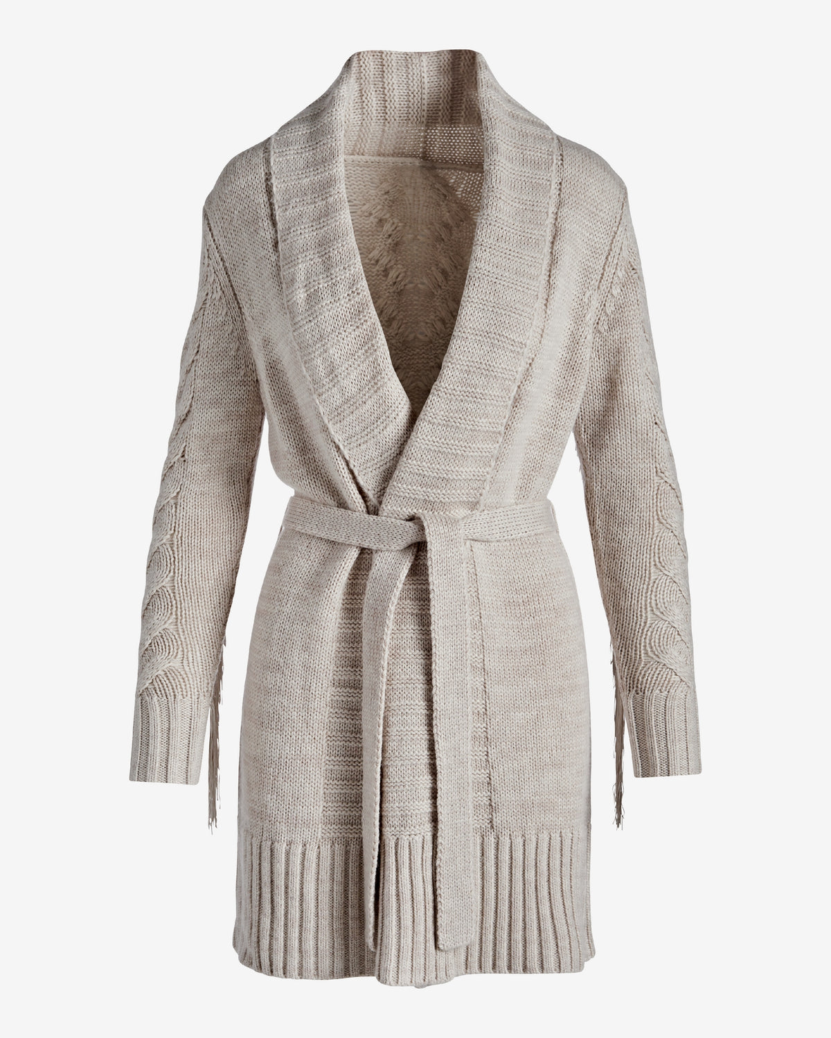 Fringe Mid Length Tie Waist Cardigan Heather Oatmeal