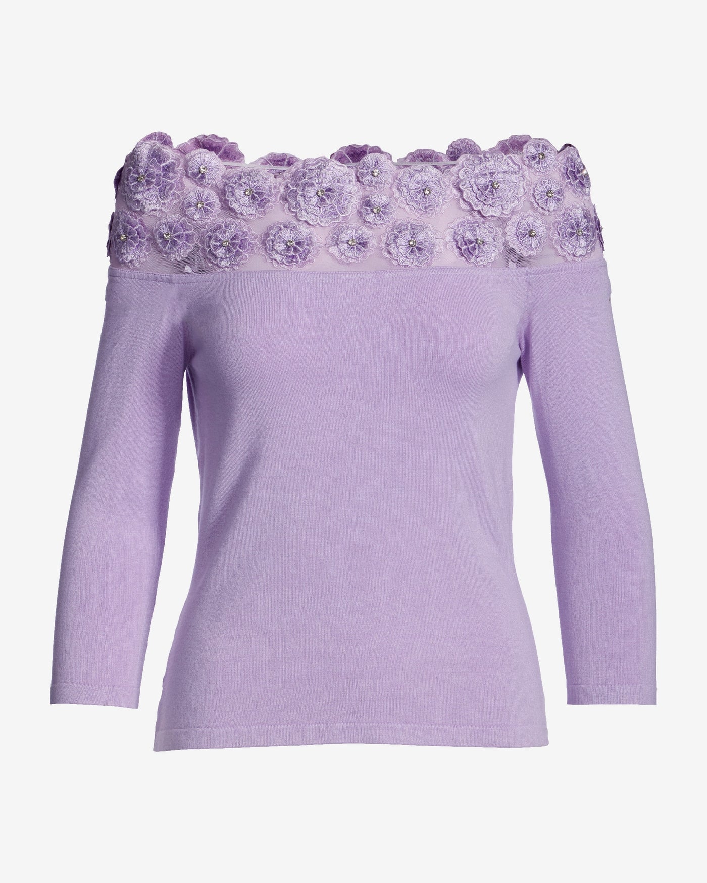 Floral Embellished Off the Shoulder Sweater Pastel Lilac