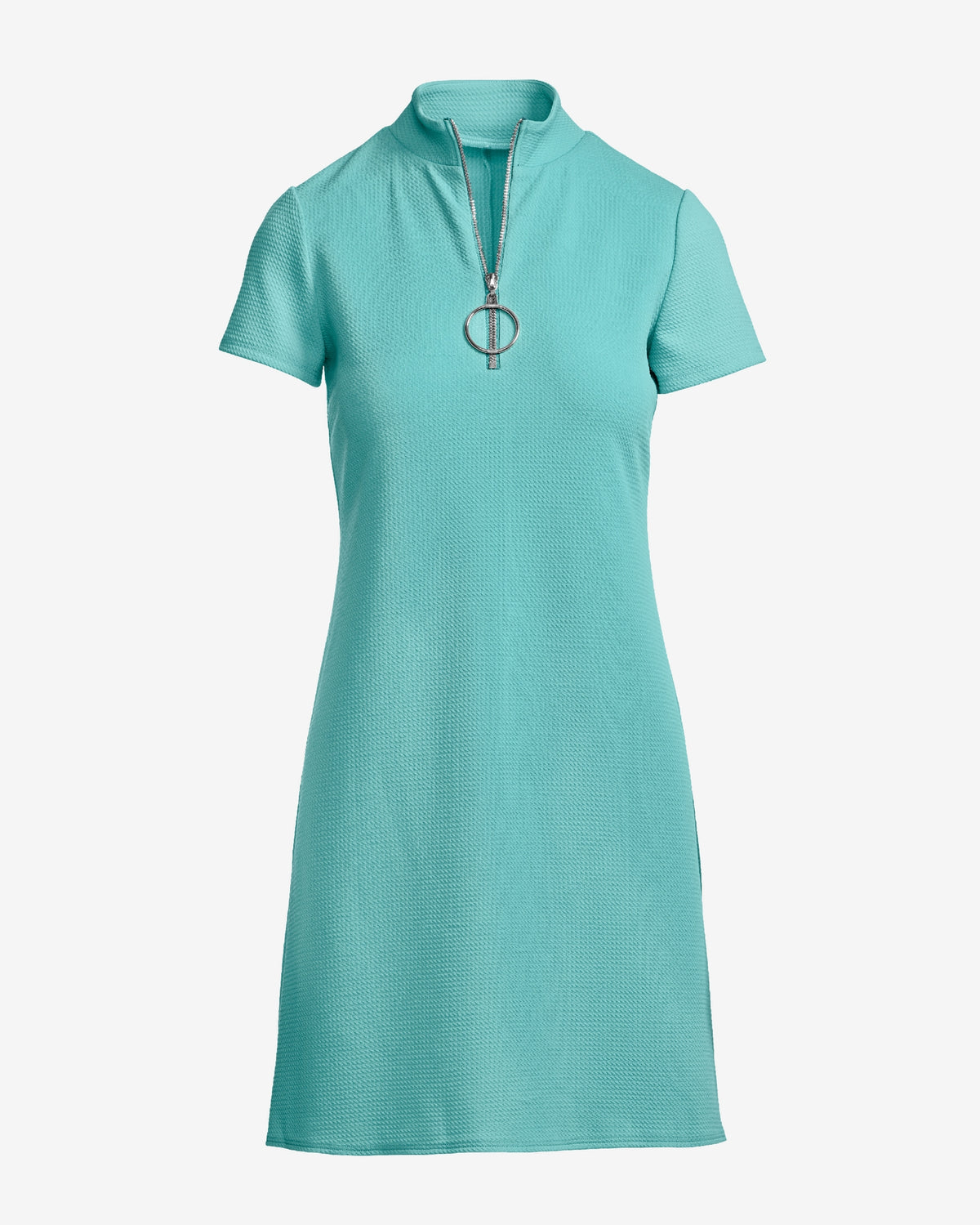Zip Up Short Sleeve Shift Dress Aqua Splash