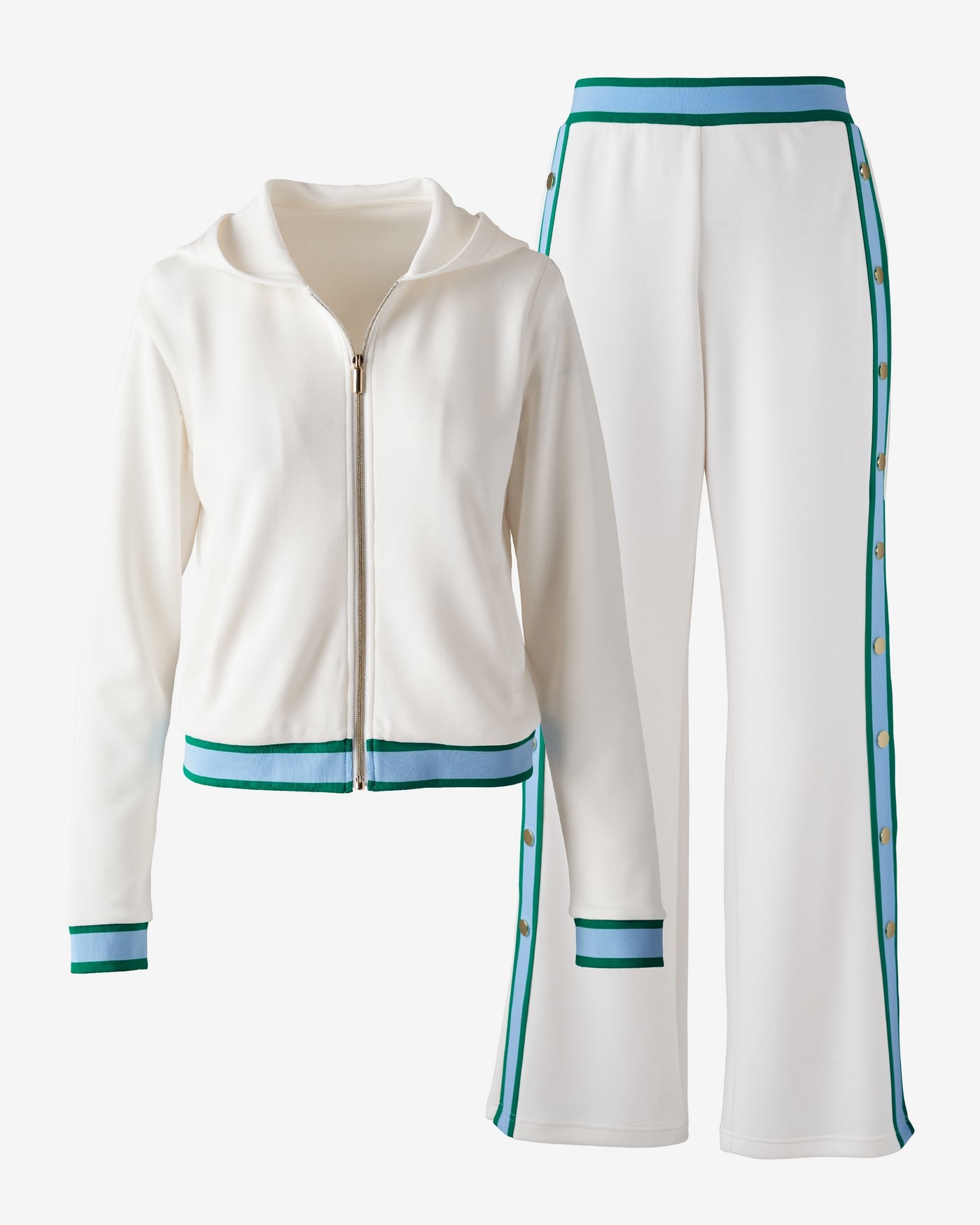 Luxe Lounge Zip Up and Pant Two Toned Piping Set White