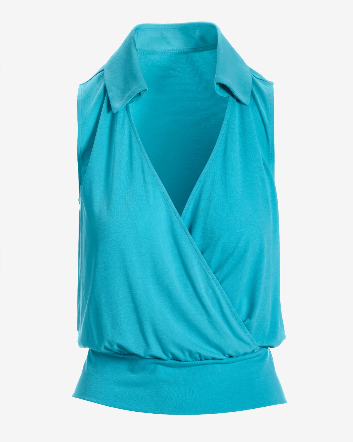 So Chic Collared Surplice Blouson Knit Top Blue Atoll