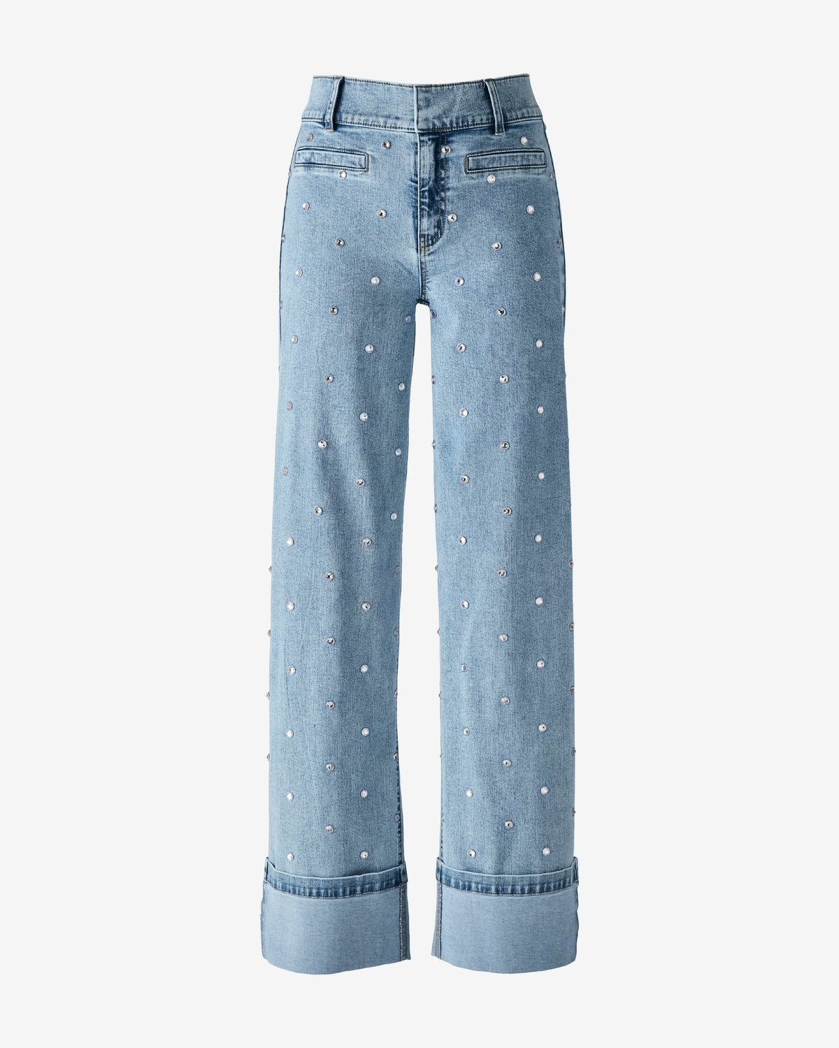 Wide Leg Cuffed Rhinestone Trimmed Jeans Light Wash