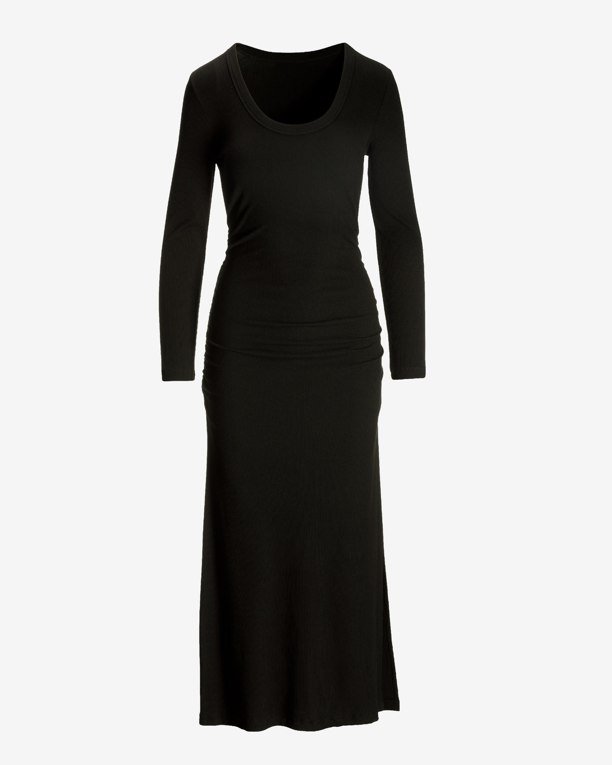 Long Sleeve Scoop Neck Ribbed Midi Dress Black