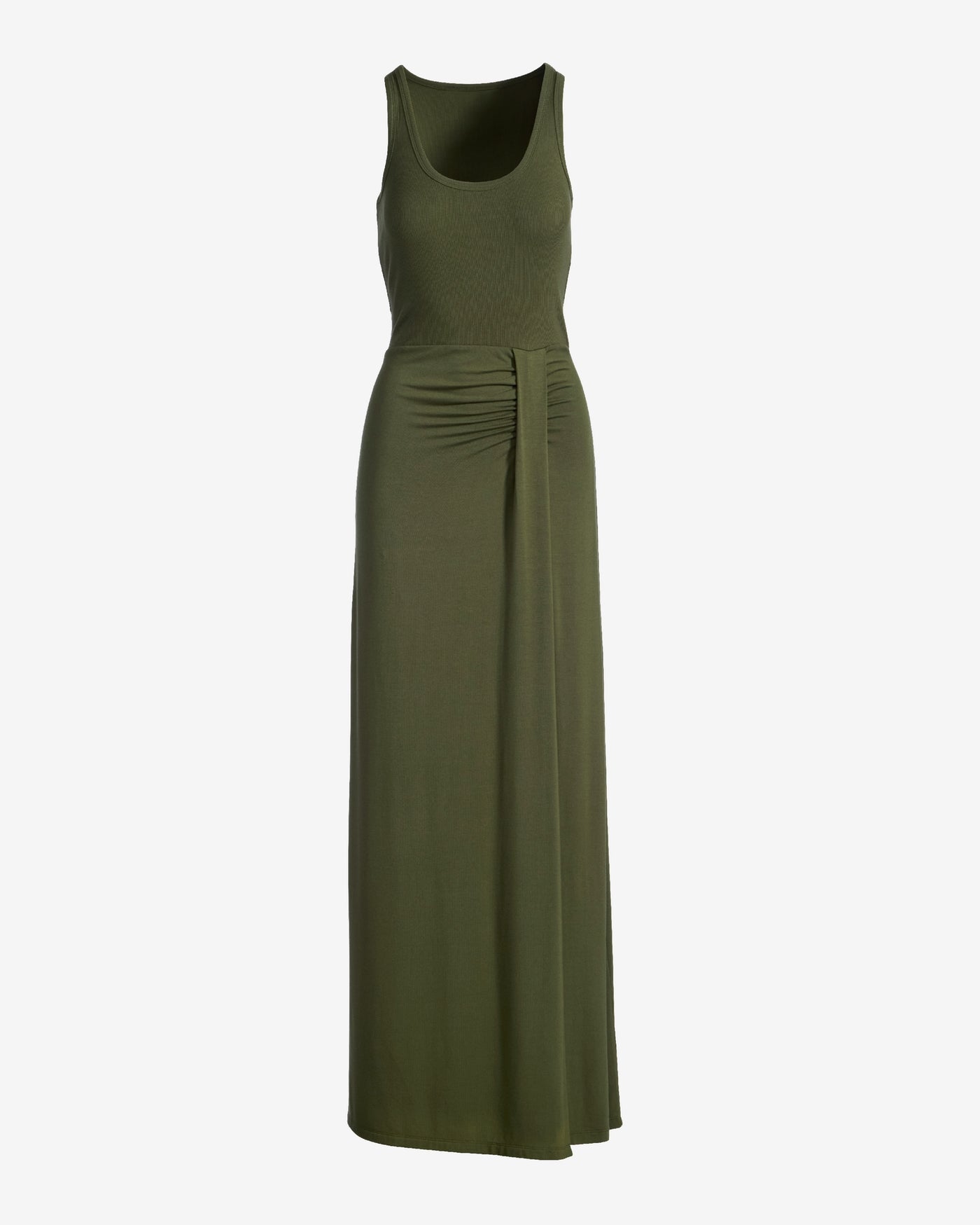Rib Knit Mixed Media Scoop Neck Slit Maxi Dress Olive Night