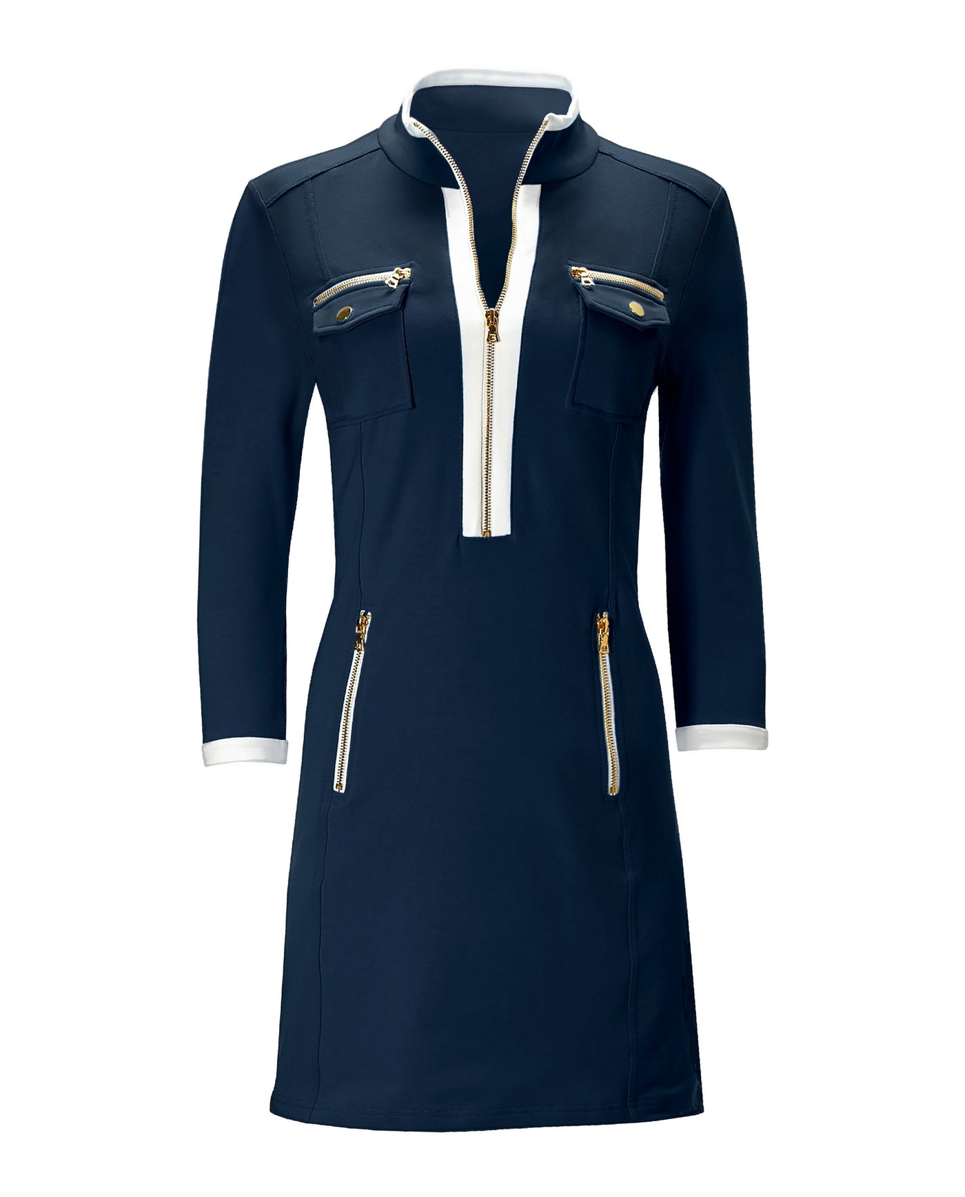 Three Quarter Sleeve Chic Zip Dress Navy/White