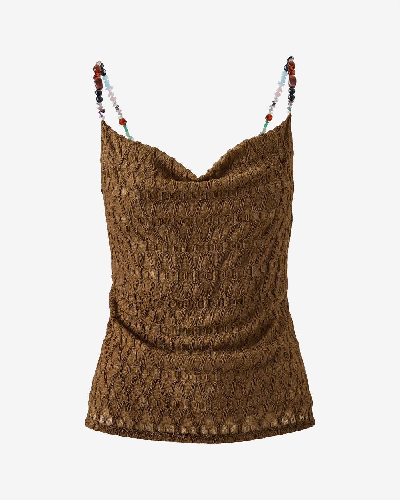 Textured Knit Stone Strap Cowl Neck Cami Safari Brown