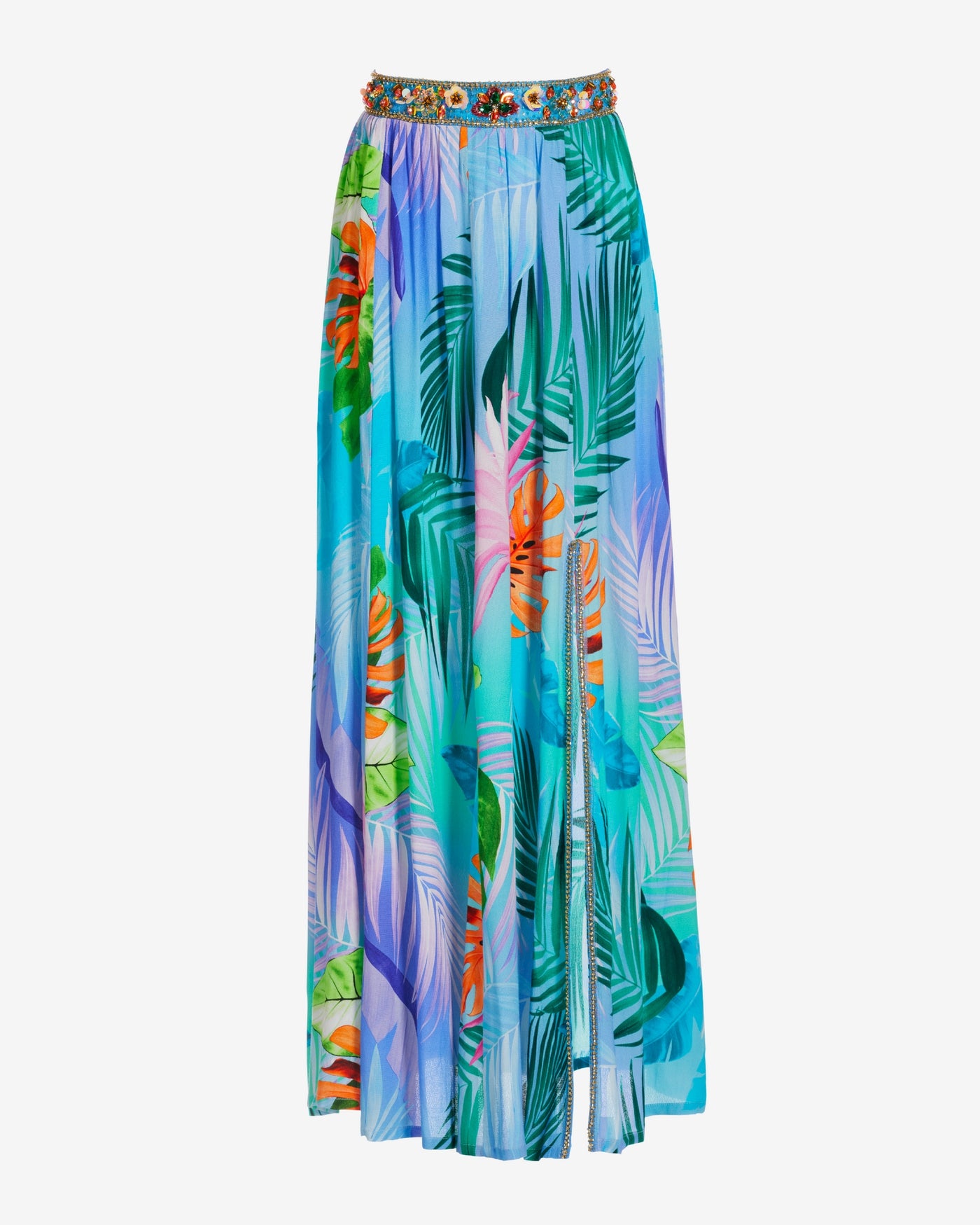 Tropical Summer Leaves Embellished Waist Midi Skirt Blue Multi
