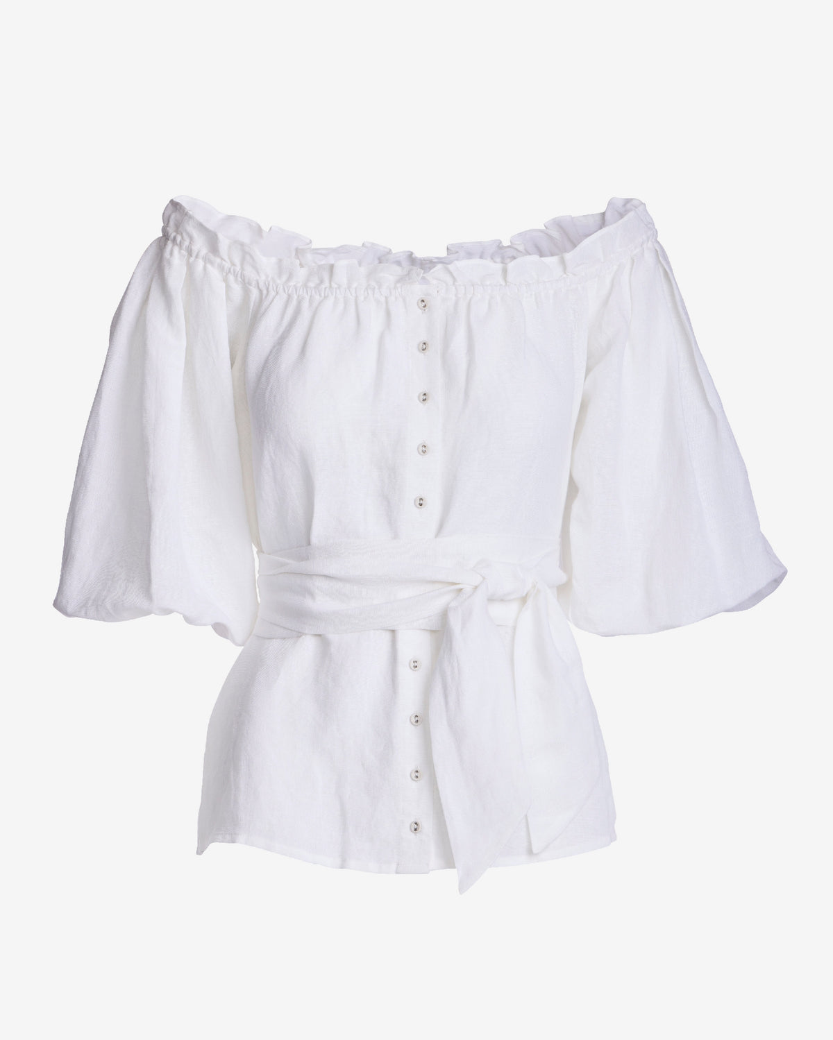 Linen Puff Sleeve Tie Waist Peplum Blouse White