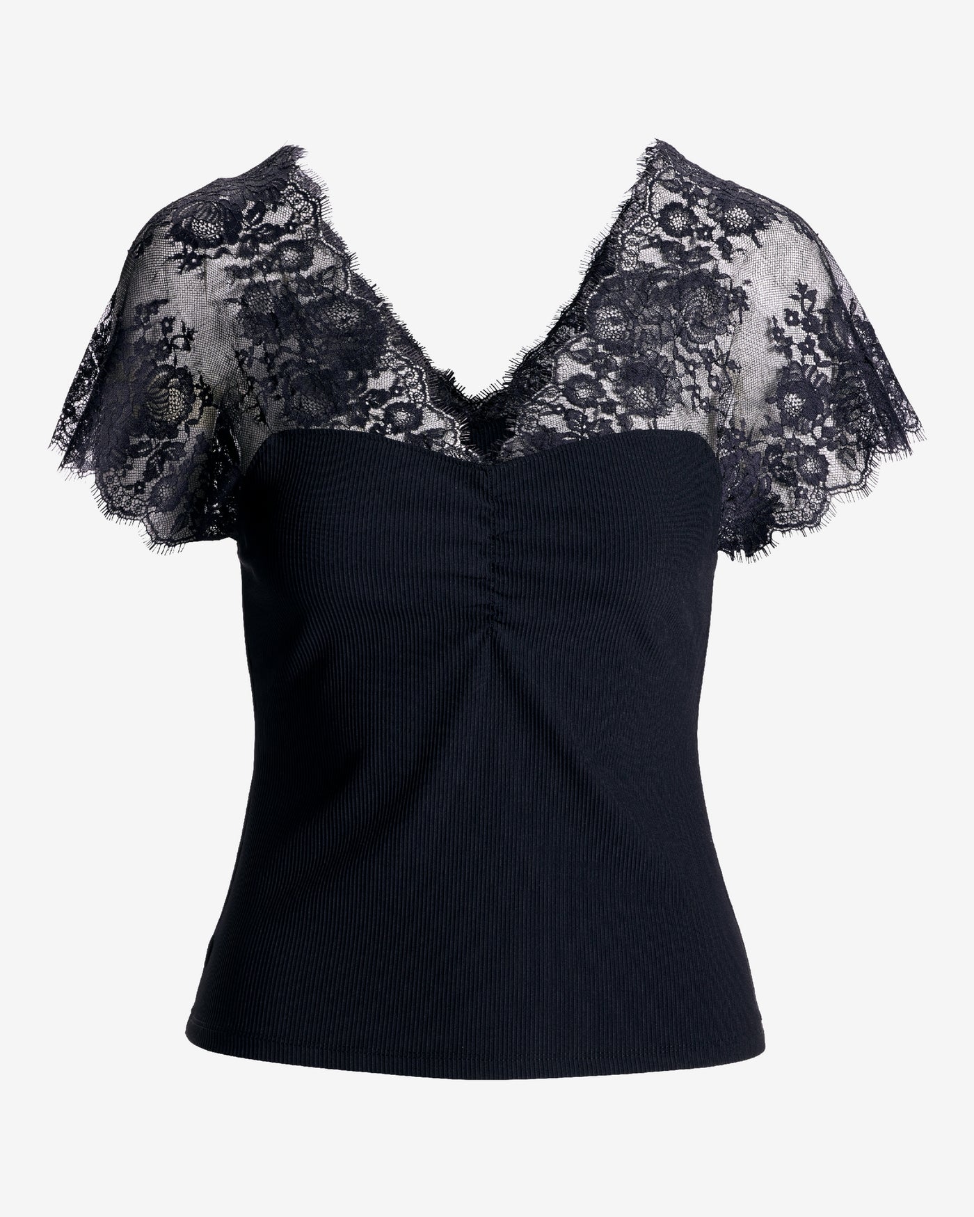 Delicate Lace and Slink Rib Knit Top Proper Black
