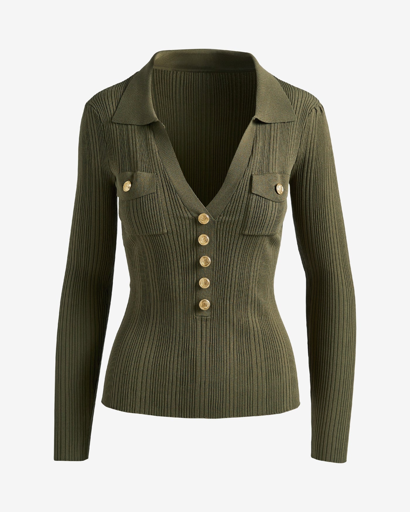 Crested Button Collared Rib Sweater Top Olive
