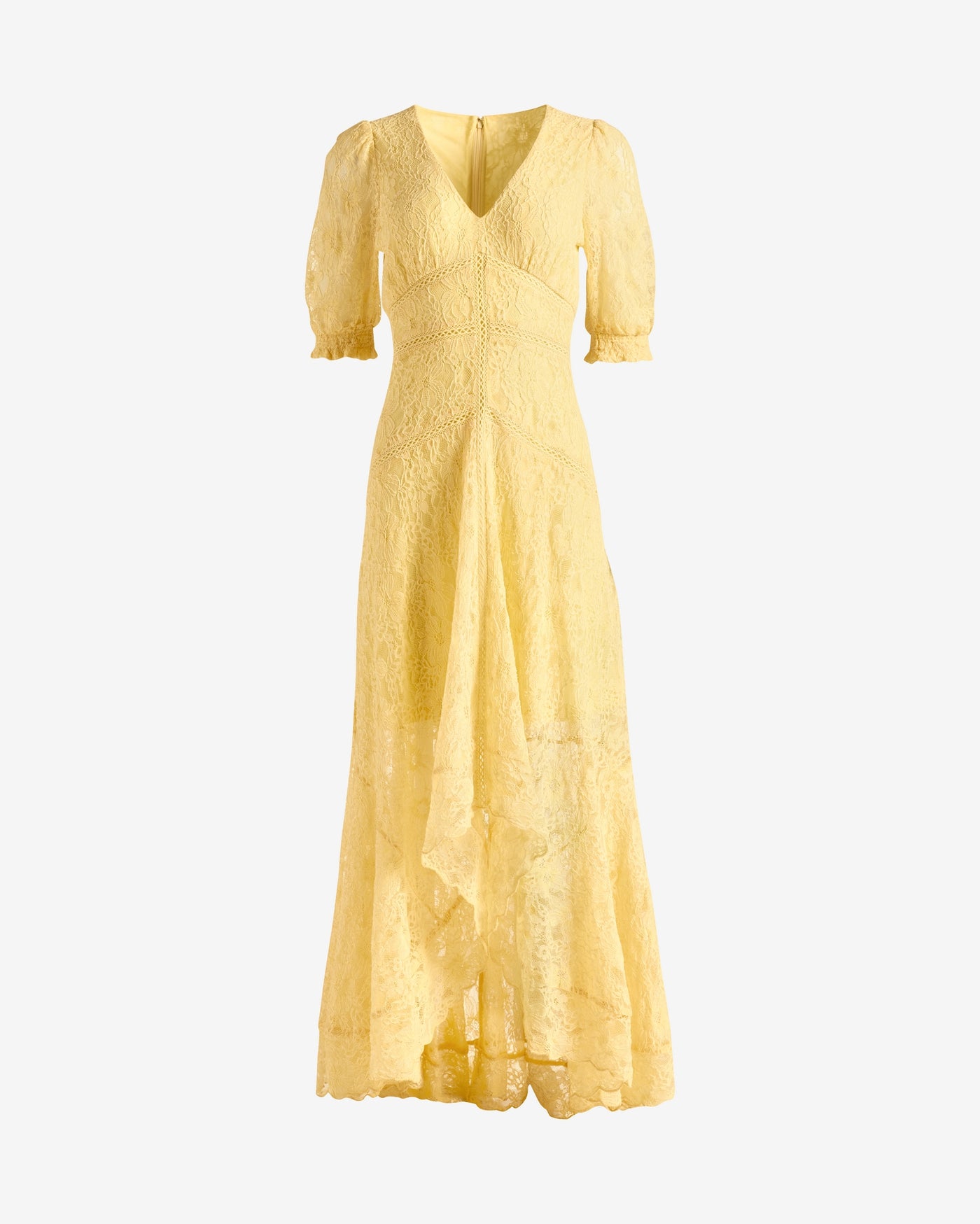 Lace High Low Puff Sleeve Maxi Dress Yellow