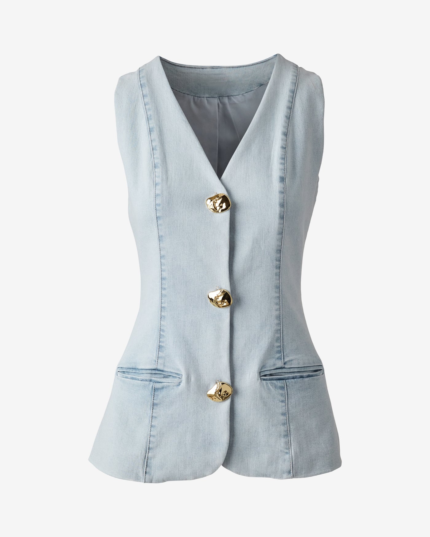 Button Front Stretch Denim Vest Light Wash Denim