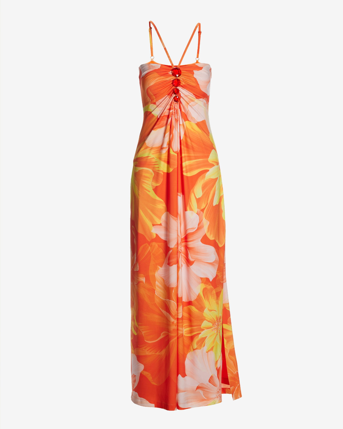 Exploded Floral Print Gem Detailed Halter Maxi Dress Orange Multi