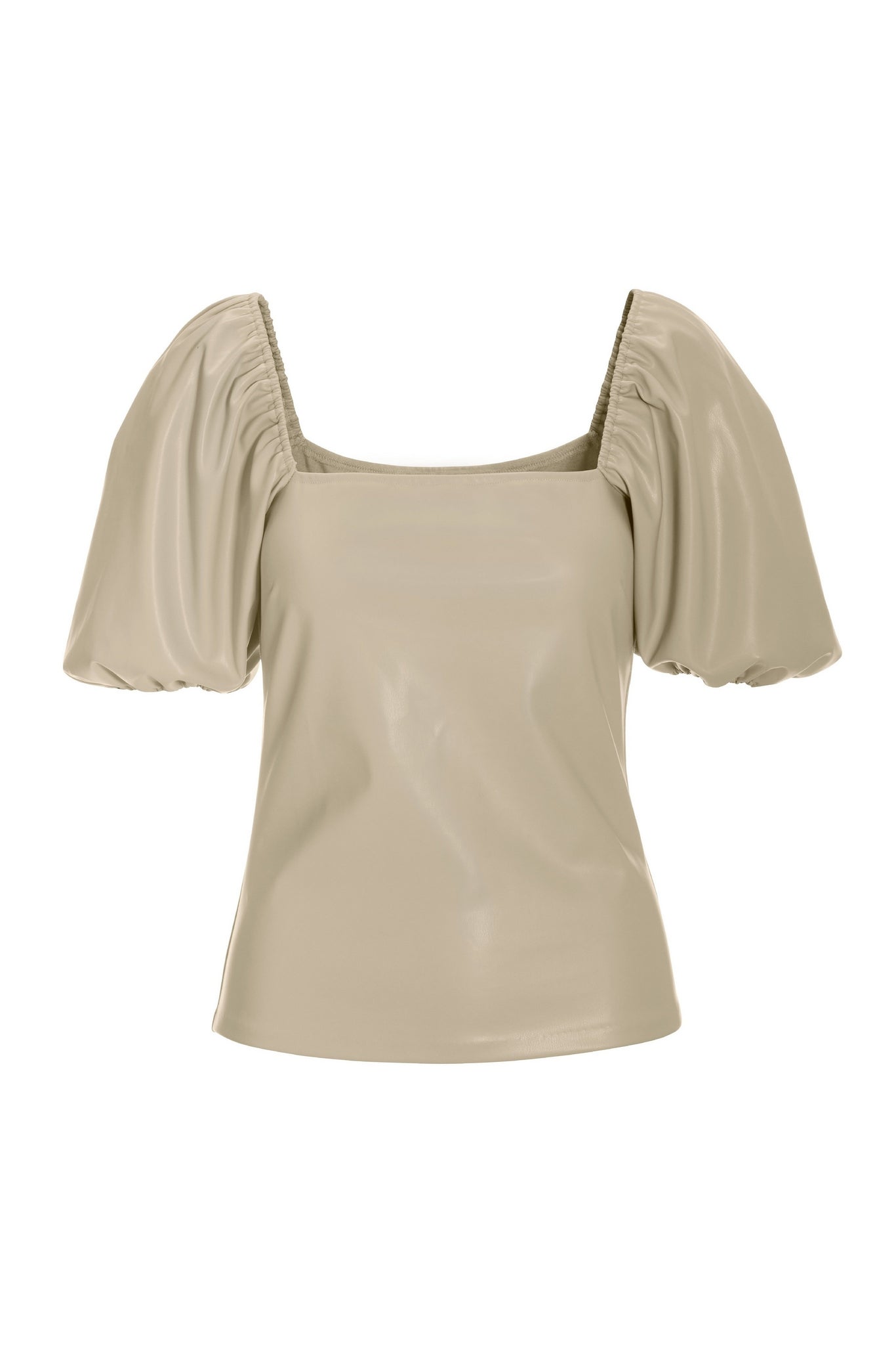 Faux Leather Square Neck Puff Sleeve Top Stone