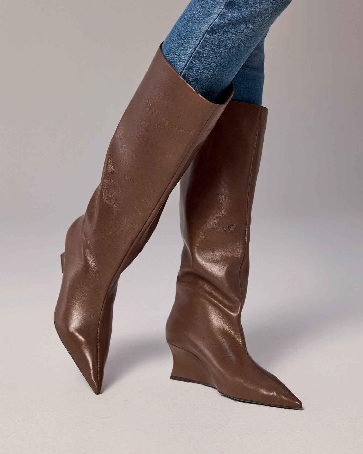 Wedge Heel To The Knee Boot Brown