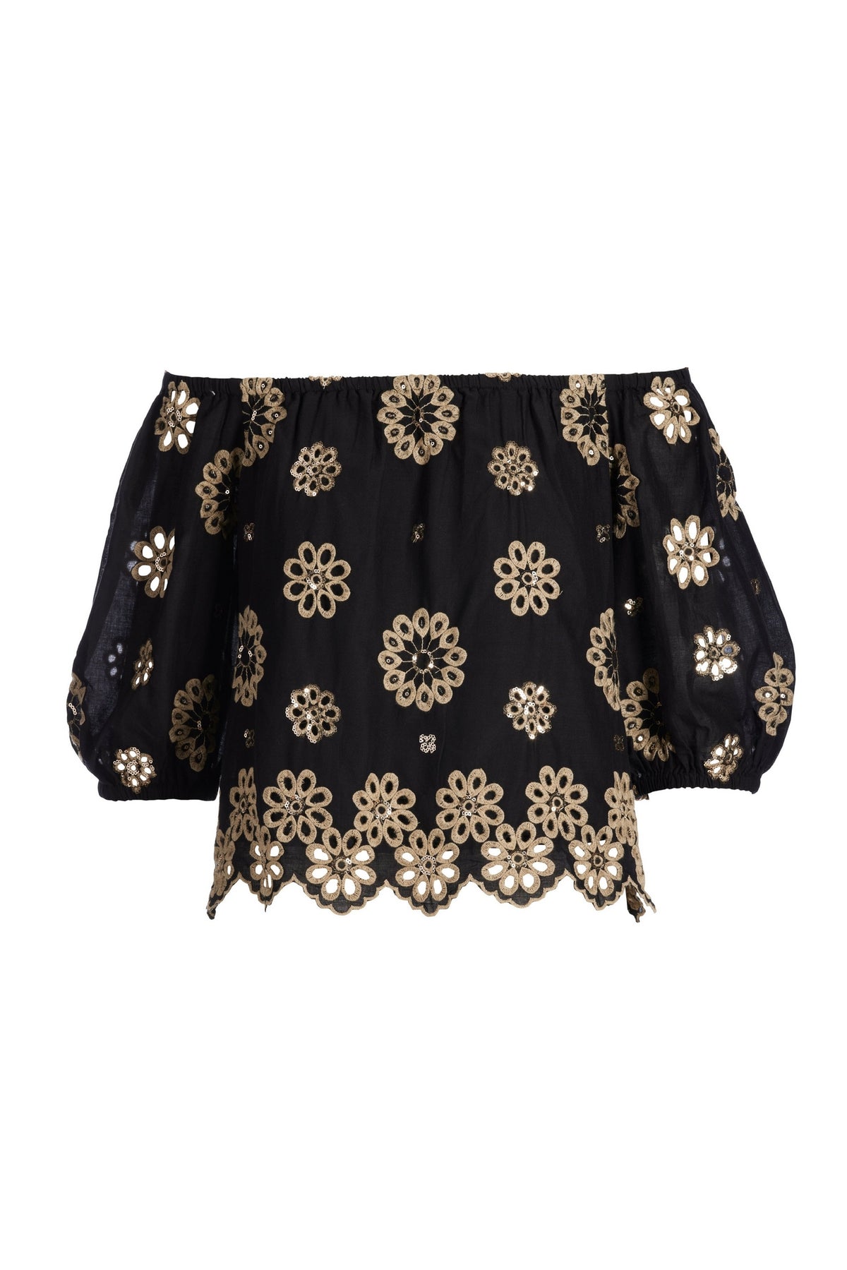 Embroidered Sequin Scallop Hem Blouse Black Multi