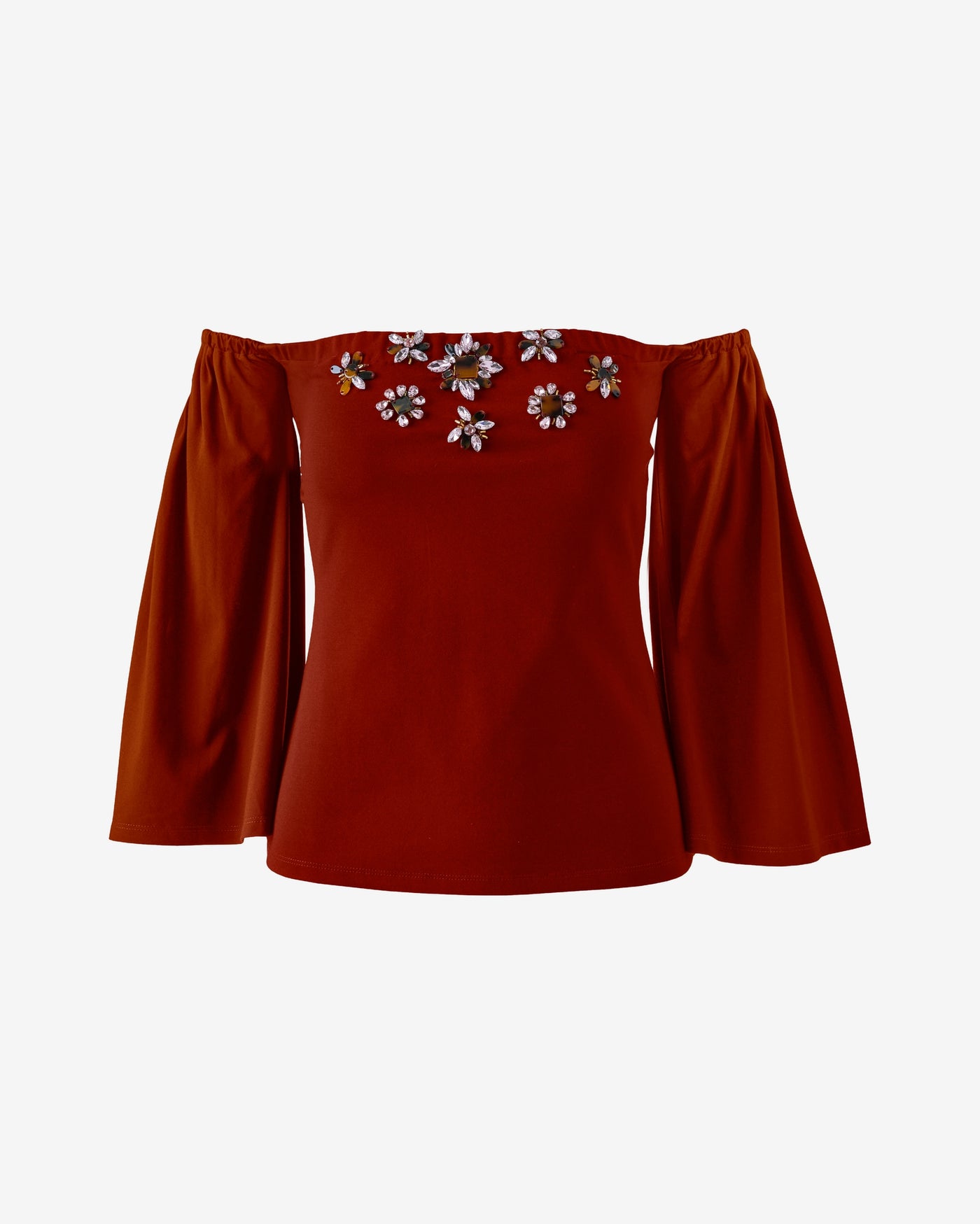 Rhinestone Embellished Off Shoulder Knit Top Madder Brown