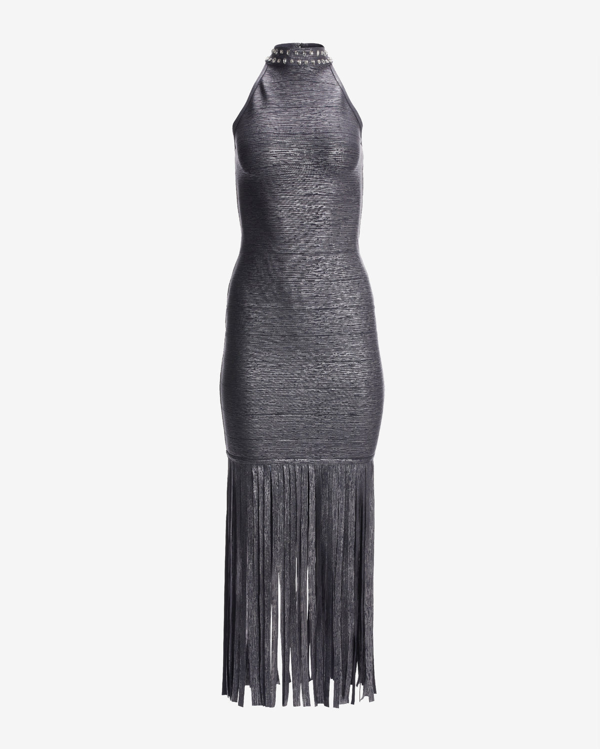 Mock Neck Embellished Bandage Fringe Maxi Dress Gray/Silver