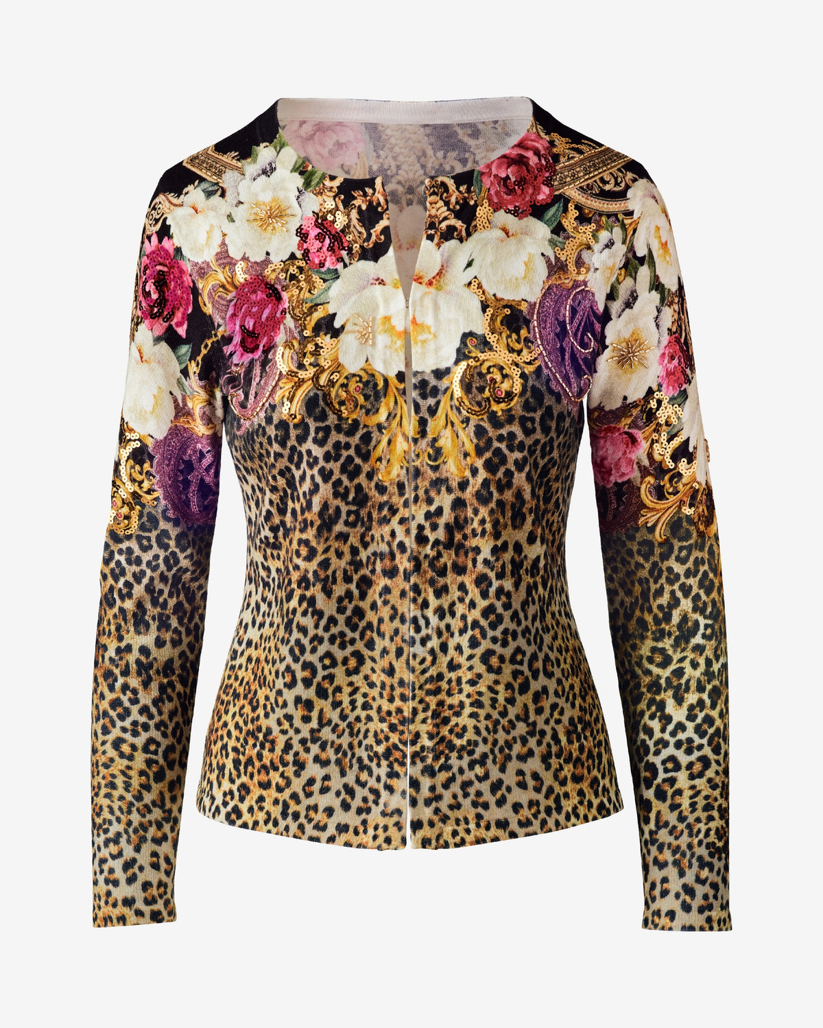Printed Embellished Cardigan Cheetah Bloom Scrolls