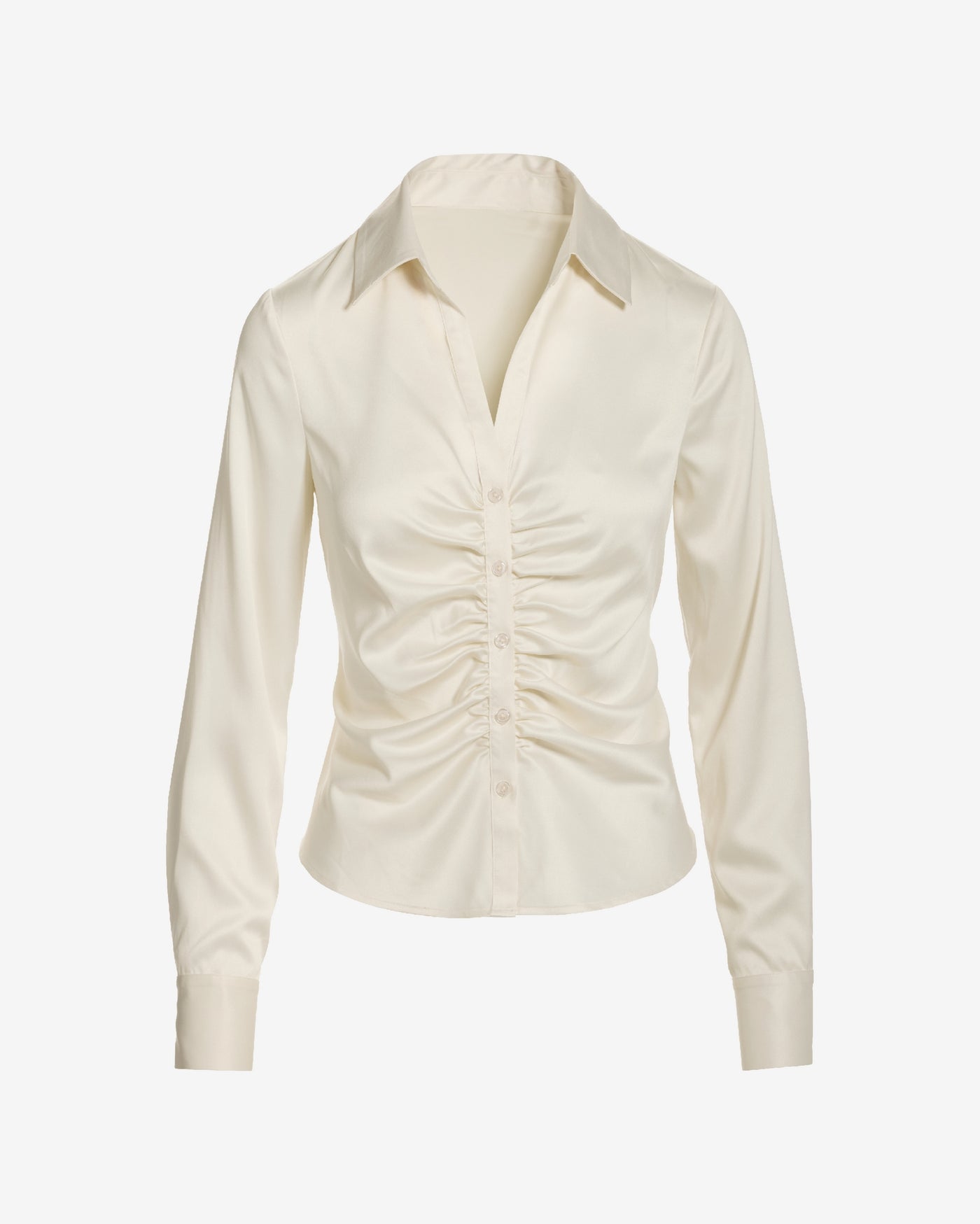 Jessie Charmeuse Ruched Center Front Button Up Shirt Ivory