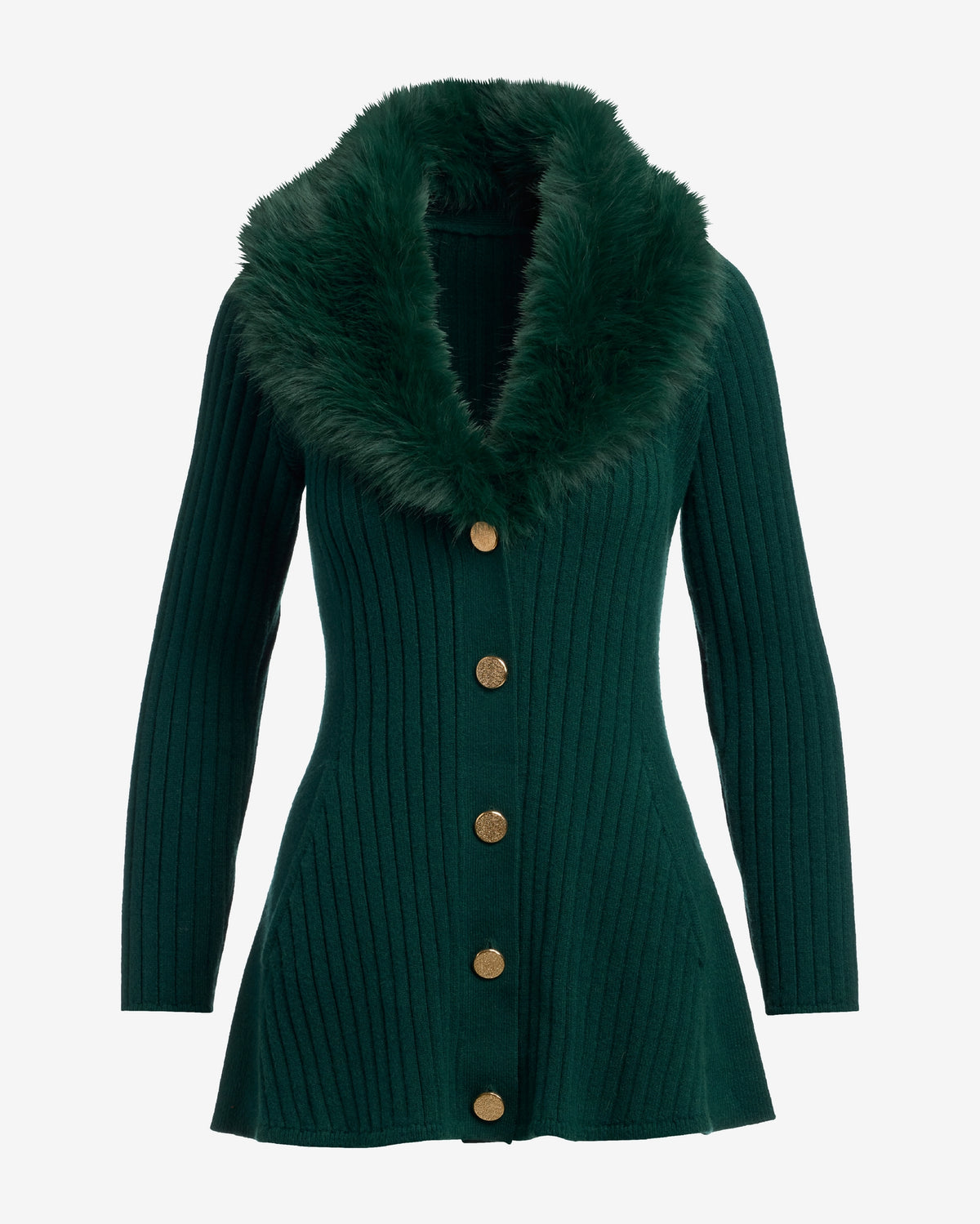 Faux Fur Trim Button Up A-Line Cardigan Emerald