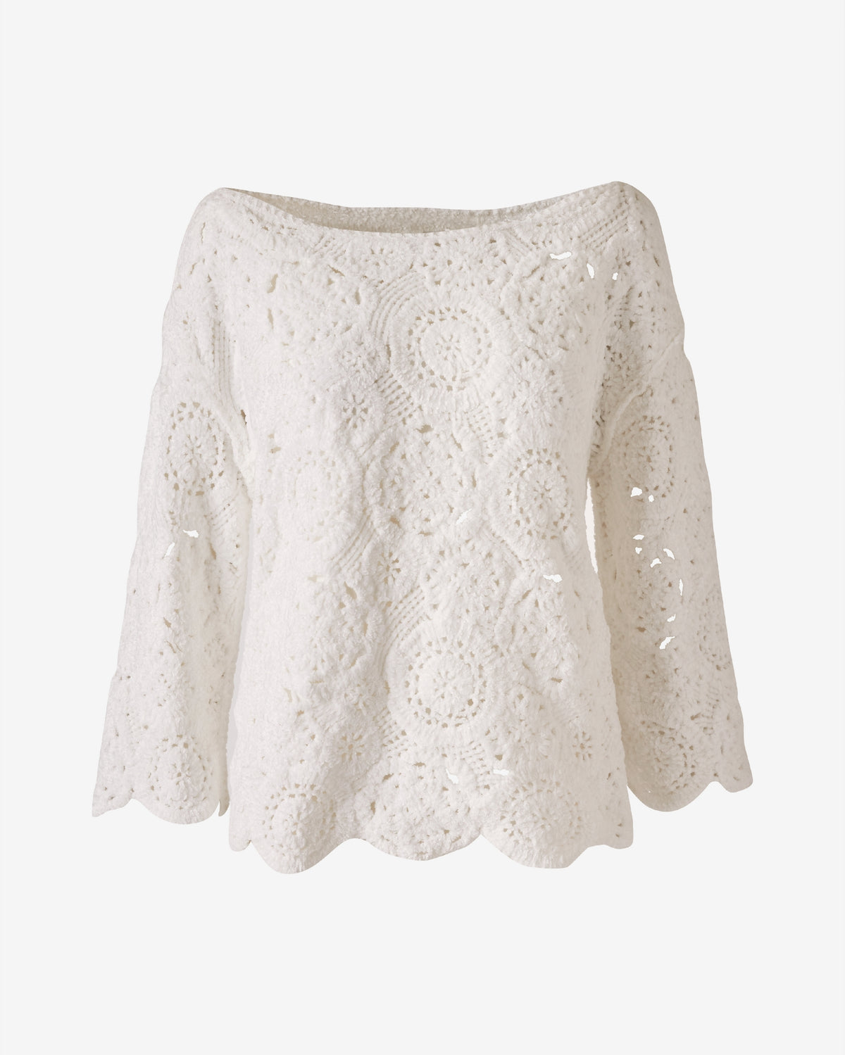 Chenille Crochet Boatneck Pull Over Sweater Off White