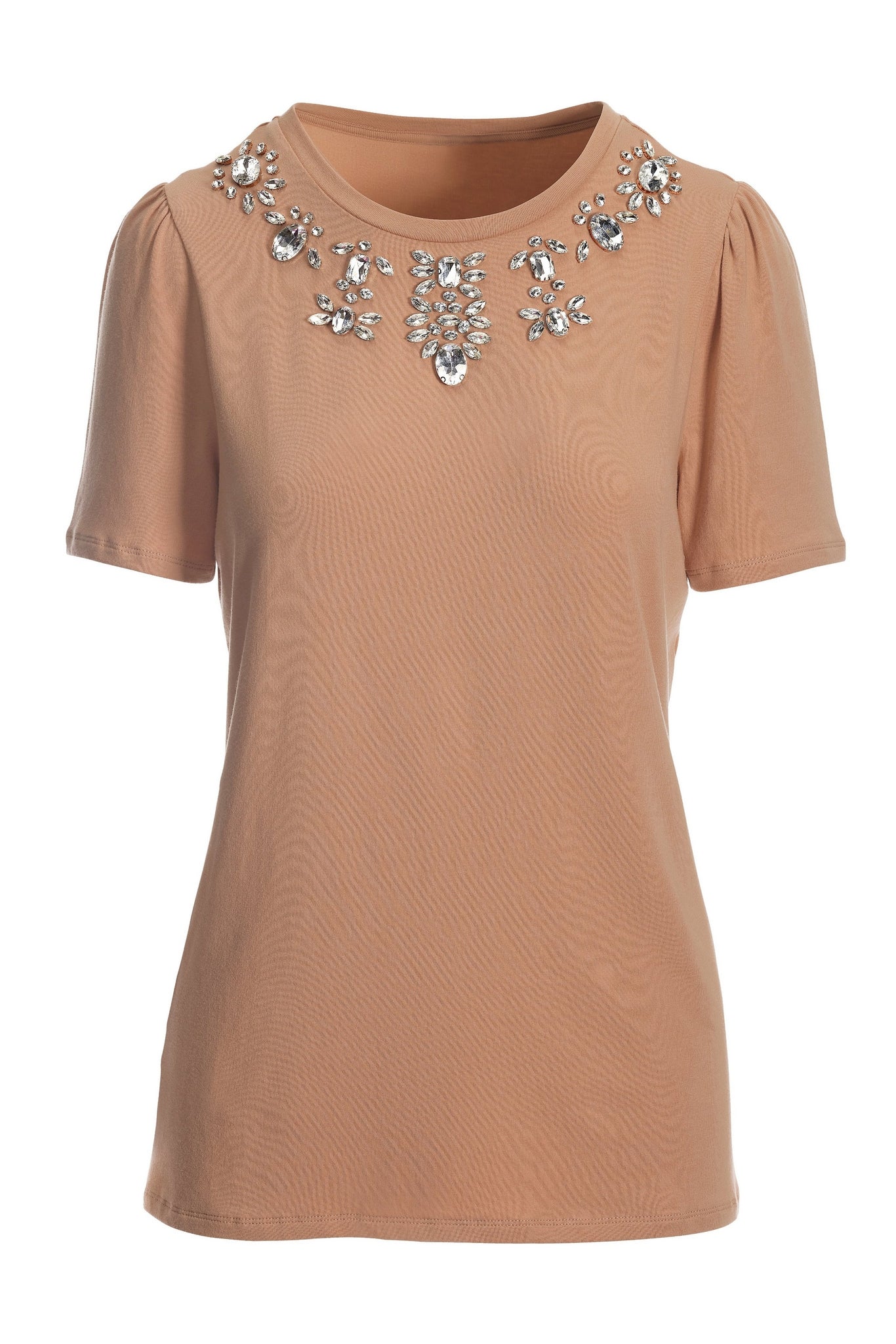 Jeweled Neck T Shirt Tan