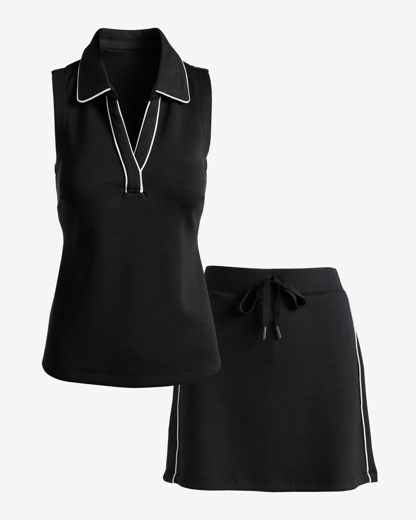 Luxe Lounge Piped Collared Top and Skort Set Proper Black