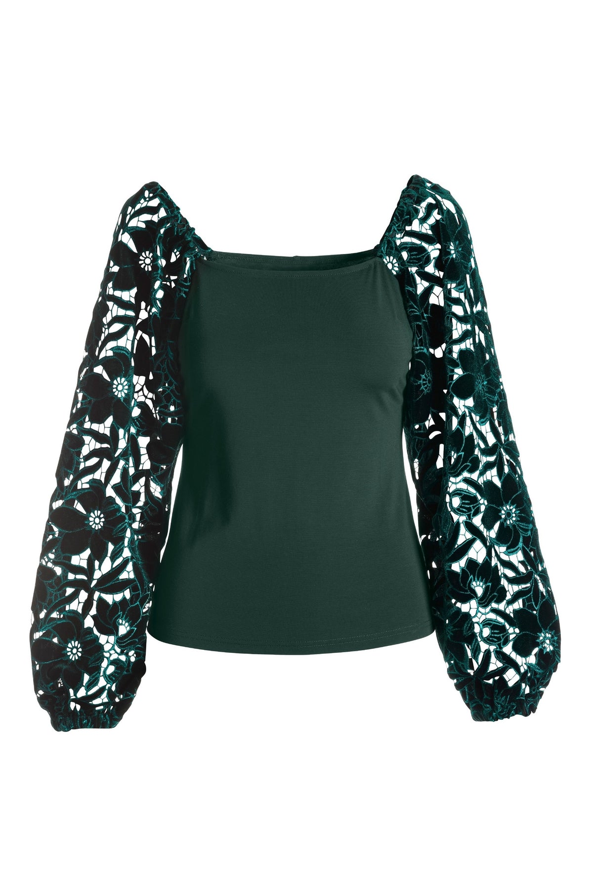 Lace Velvet Balloon Sleeve Top Green