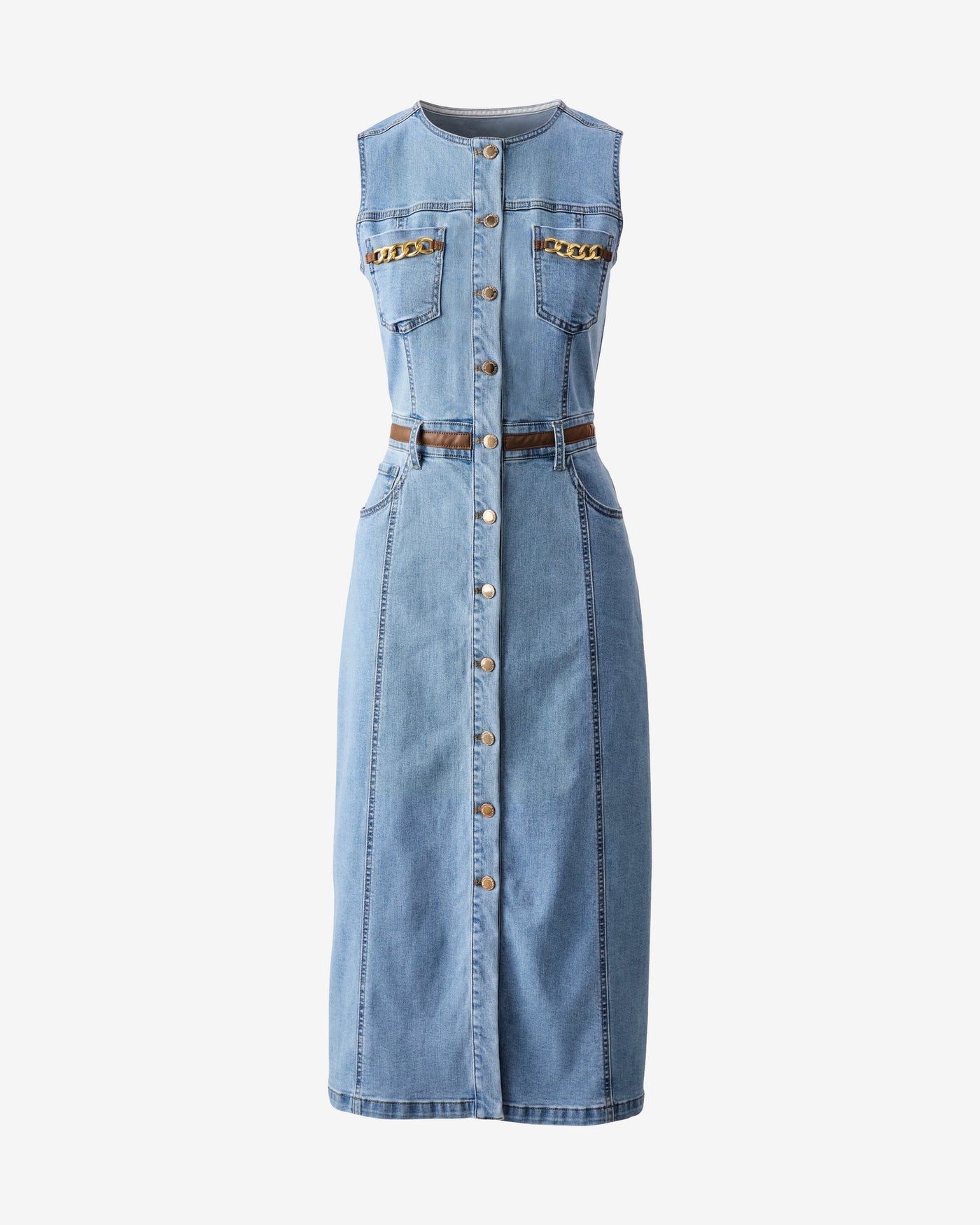 Denim Leather Trimmed Midi Medium Wash